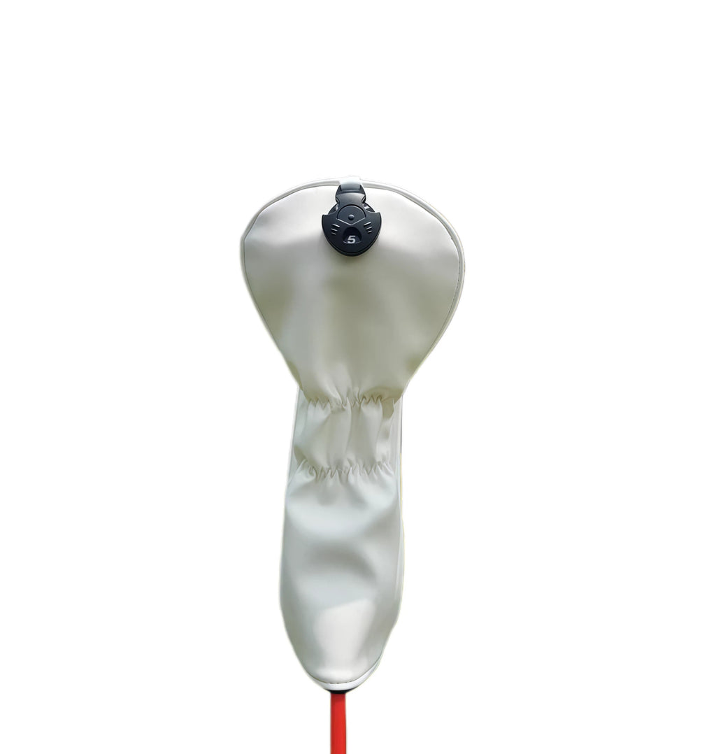 Back angle of white GURUISI GOLF driver headcover showing elasticized opening for snug fit and attached black magnetic ball marker clip labeled “#5” — ideal for quick access and course convenience.