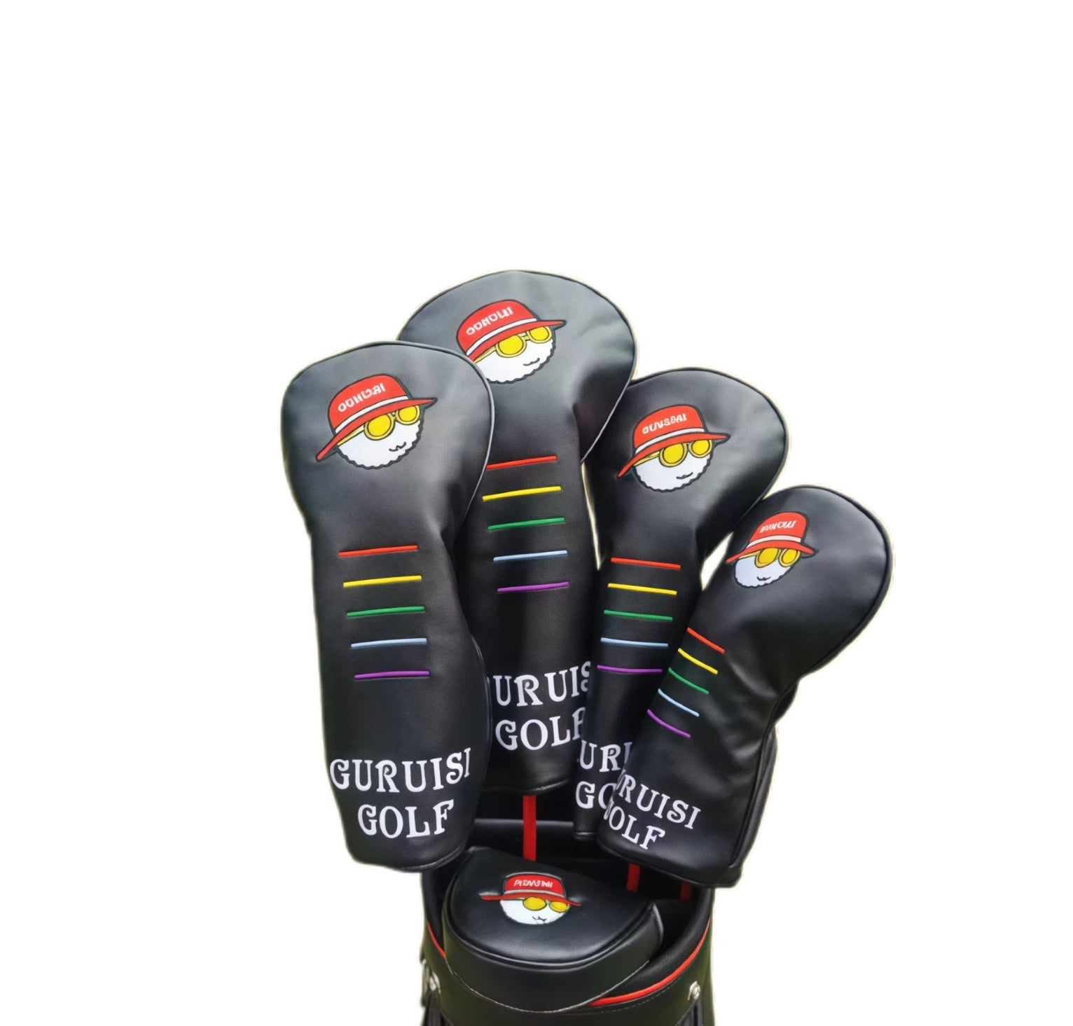 Set of black golf club heads with colorful accents and 'Guruish Golf' branding on a white background.