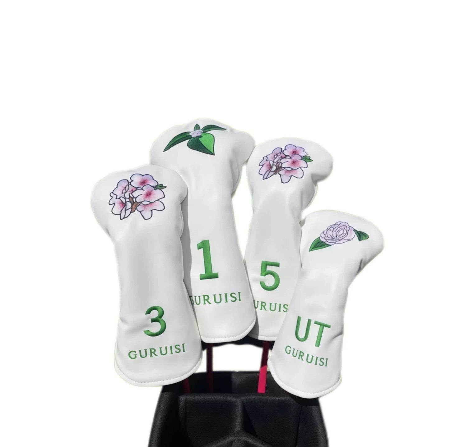 White GURUISI golf headcover set with delicate embroidered cherry blossoms and roses — includes numbered driver (1), 3-wood, 5-wood, and UT cover with magnetic fit and brand logo for stylish club protection.