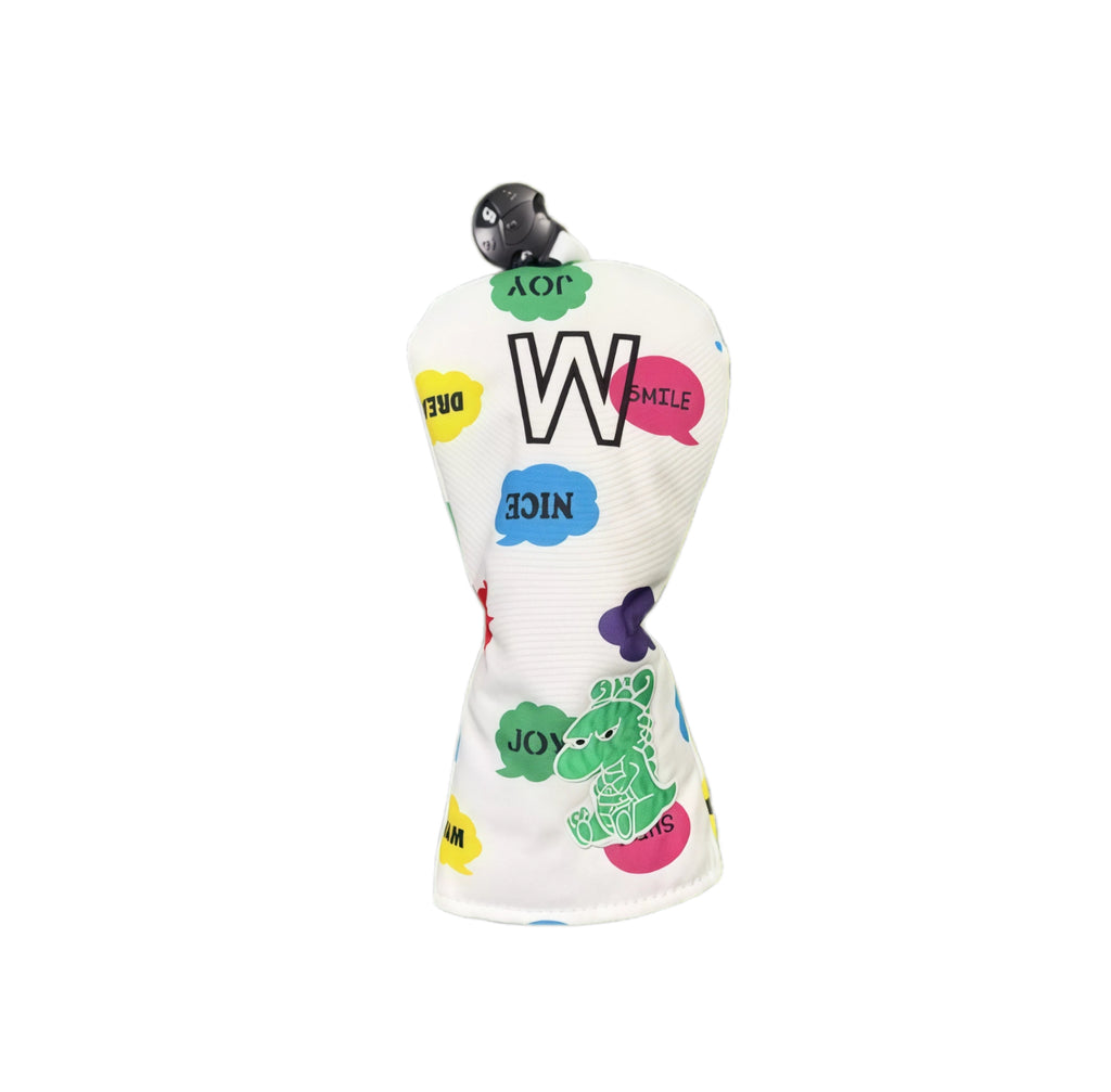 Graffiti canvas golf fairway wood headcover with white background, colorful bubbles, green dinosaur, and “W” lettering, offering stylish protection for fairway clubs.