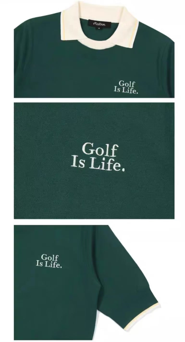 Malbon Women's Slim Fit Knit Short Sleeve Polo Green knit golf polo front view