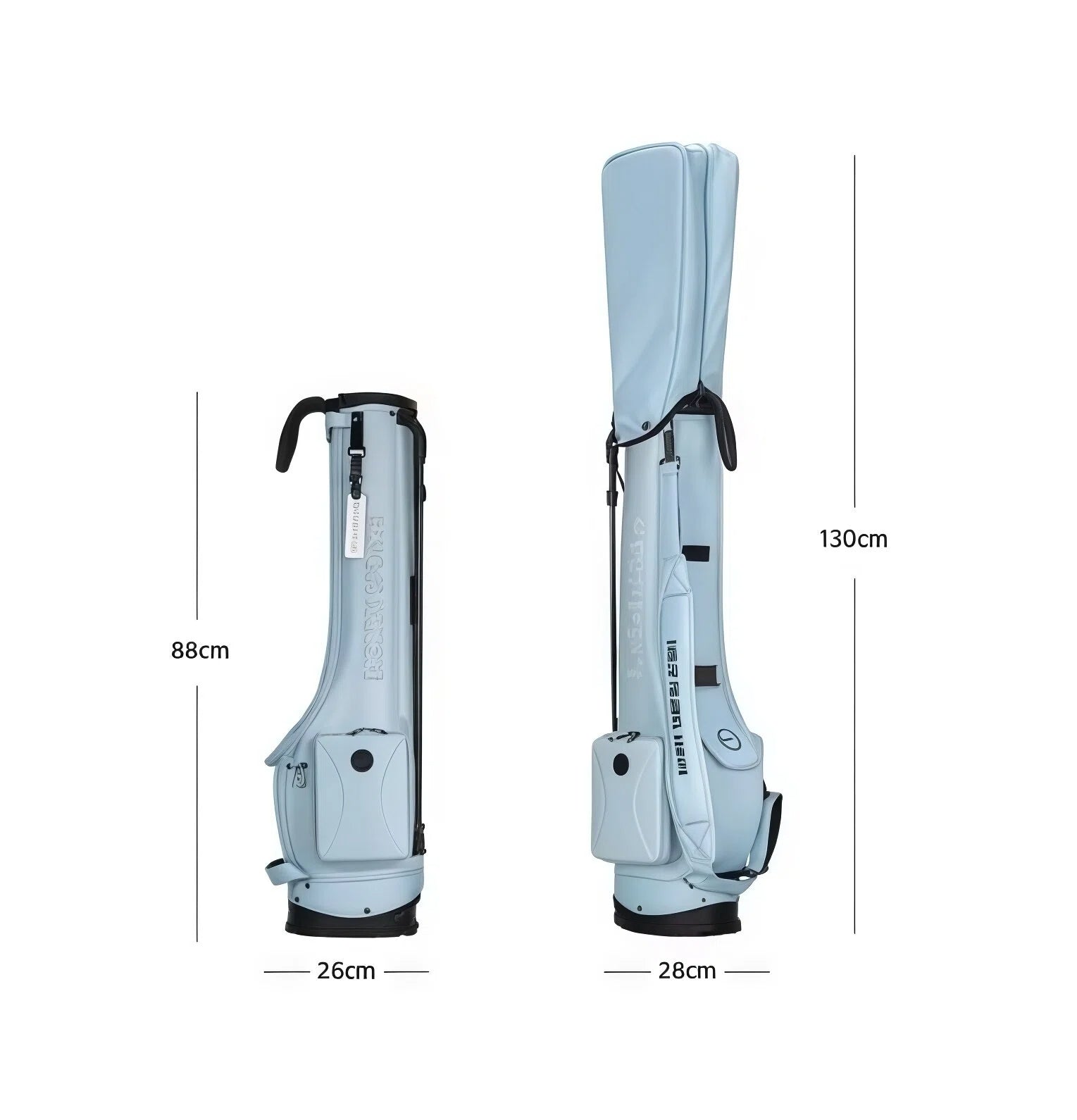 Size comparison of the HELIX B-Series golf stand bag showing two configurations: 88cm collapsed height and 130cm extended height, with width measurements of 26cm and 28cm.