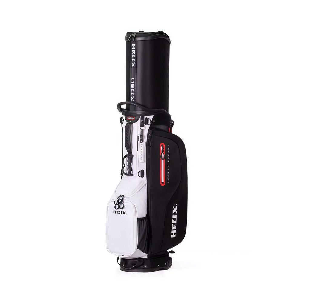 Front view of the black and white HELIX golf travel stand bag showing external pockets, logo branding, and top handle for versatile carrying options.