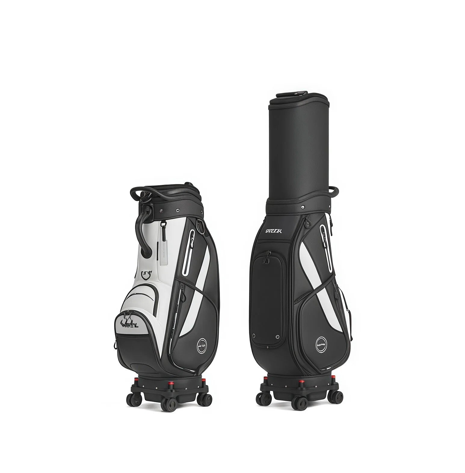 Side-by-side view of the HELIX Luxury Collection golf cart bag model H95236 in black and white and all-black colorways, featuring dual wheels, sleek design, and premium materials for travel and course use.
