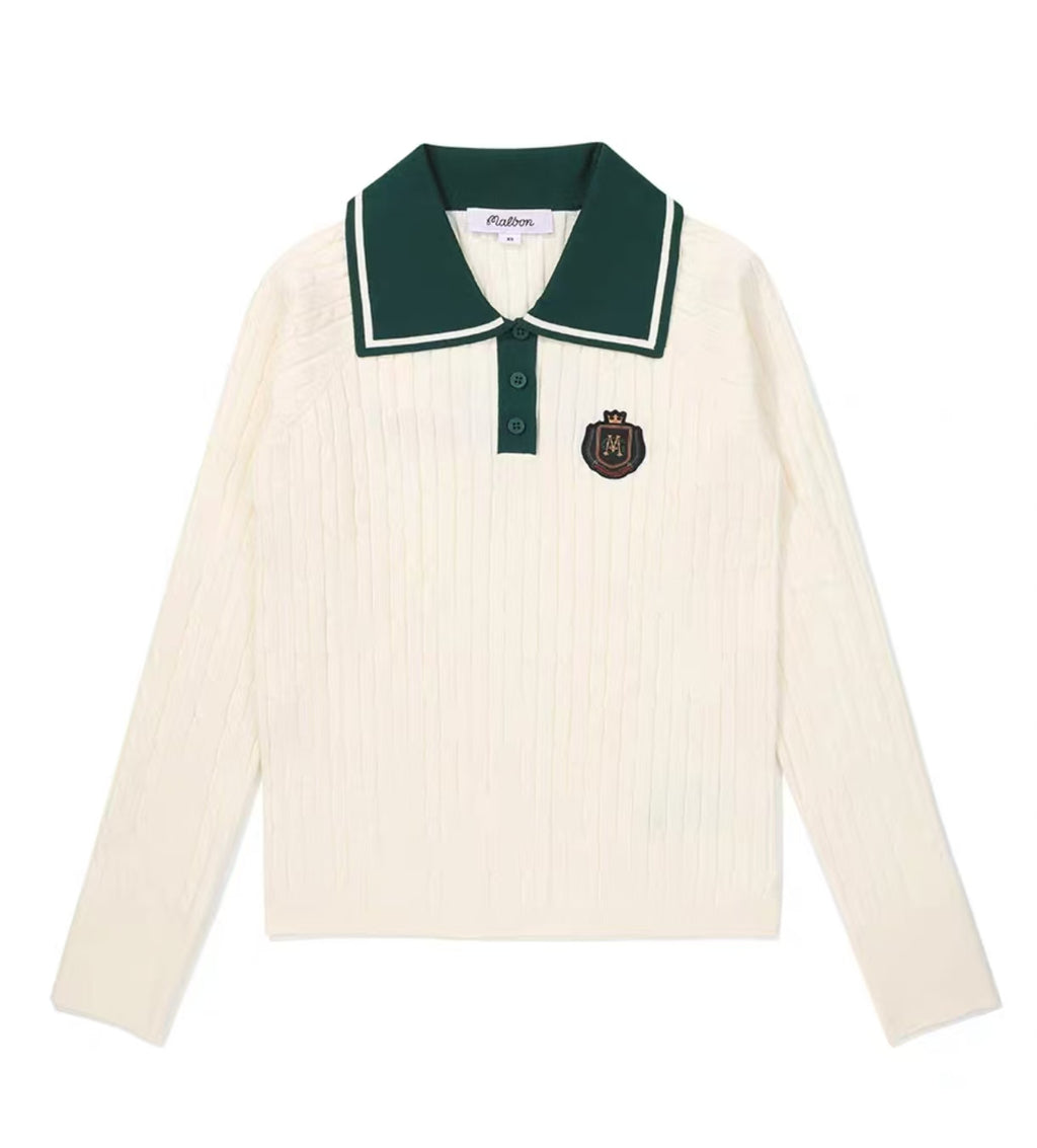 Malbon Preserve Point Collar Knit Ivory knit golf top front view