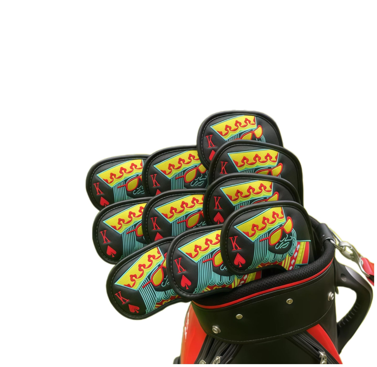 JQK golf headcovers set with King of Spades pattern, magnetic buckle for easy attachment, fits standard golf clubs including driver and fairway woods, durable and fashionable.