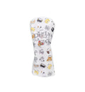 White Lazy Cat cartoon golf headcover featuring DULLY NA CAT branding and colorful cat face patterns, designed for driver protection with durable PU material.