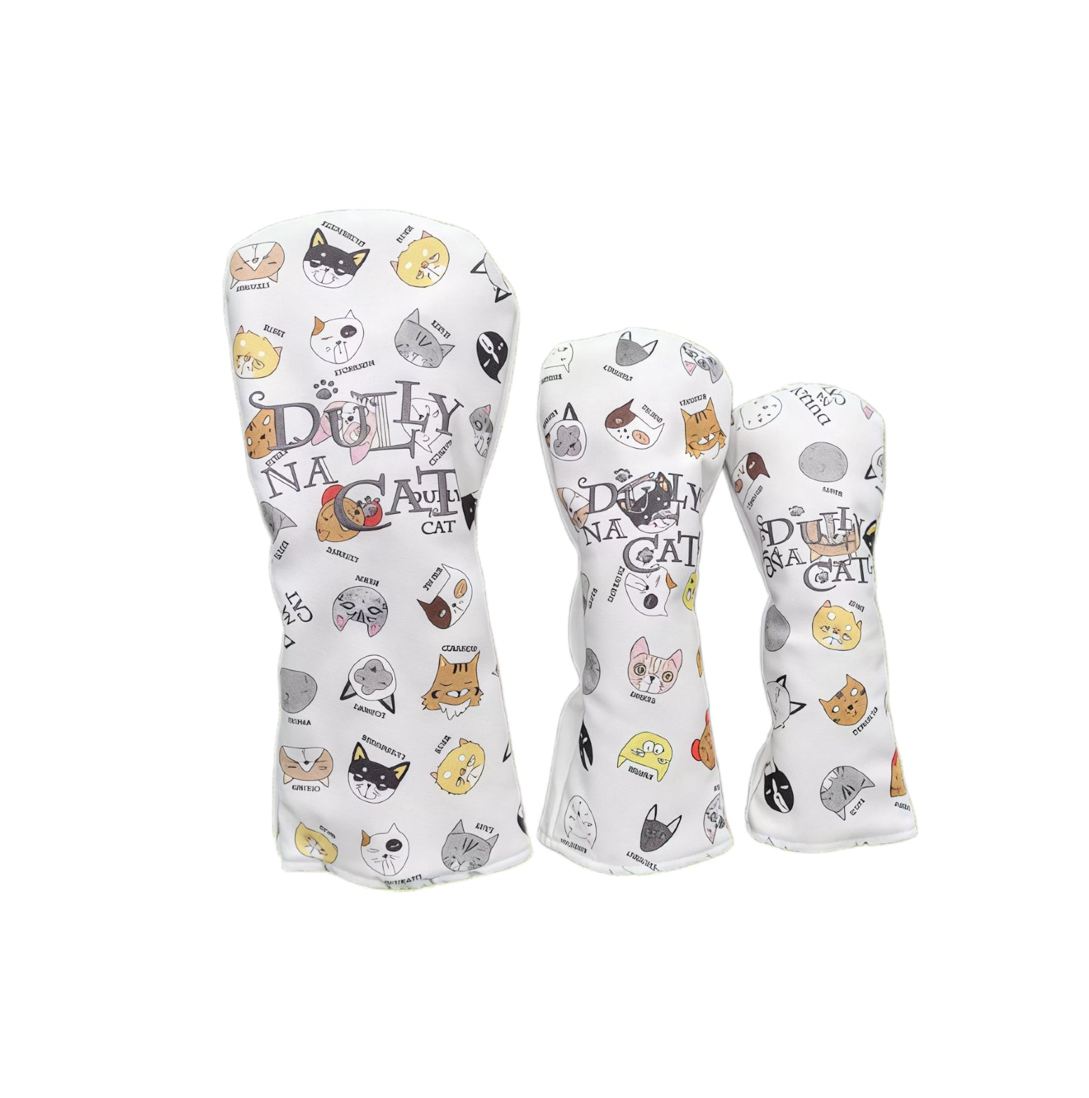 Lazy Cat cartoon golf headcovers set in white with DULLY NA CAT branding and multi-cat face patterns, suitable for driver, fairway woods and utility clubs.