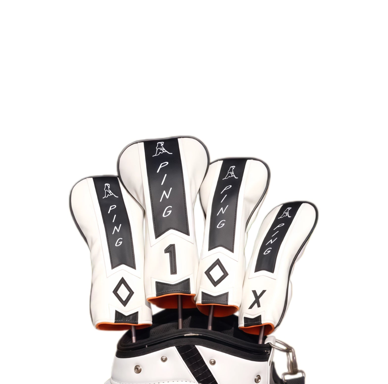 Set of limited edition Masters Pin golf headcovers by PING, featuring white leather with black stripes, orange accents, and iconic PING branding, designed to protect your driver and fairway woods with a premium and tournament-inspired look.