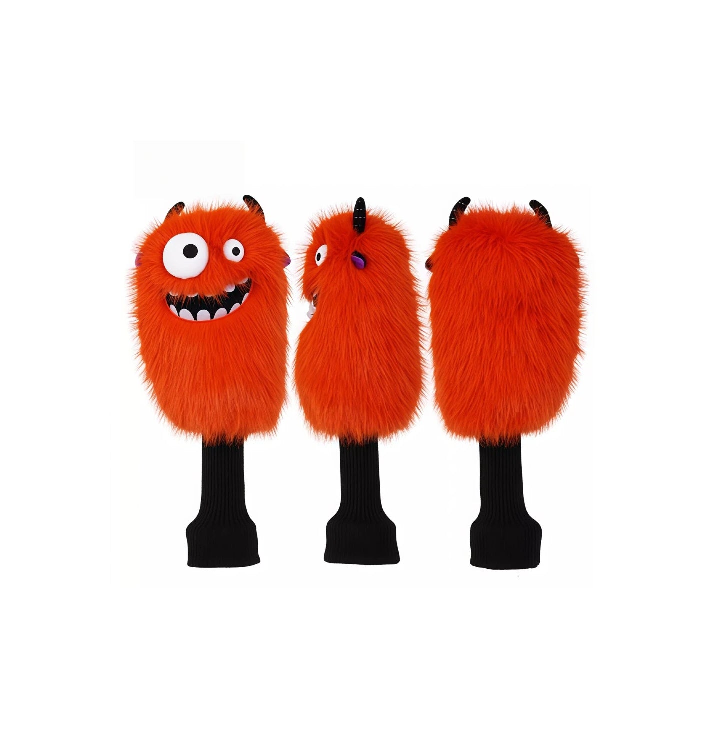 Vibrant orange little monster golf driver headcover shown from multiple angles, highlighting its fluffy texture, cute horns, and secure fit for driver clubs, perfect for tournament sponsor editions.