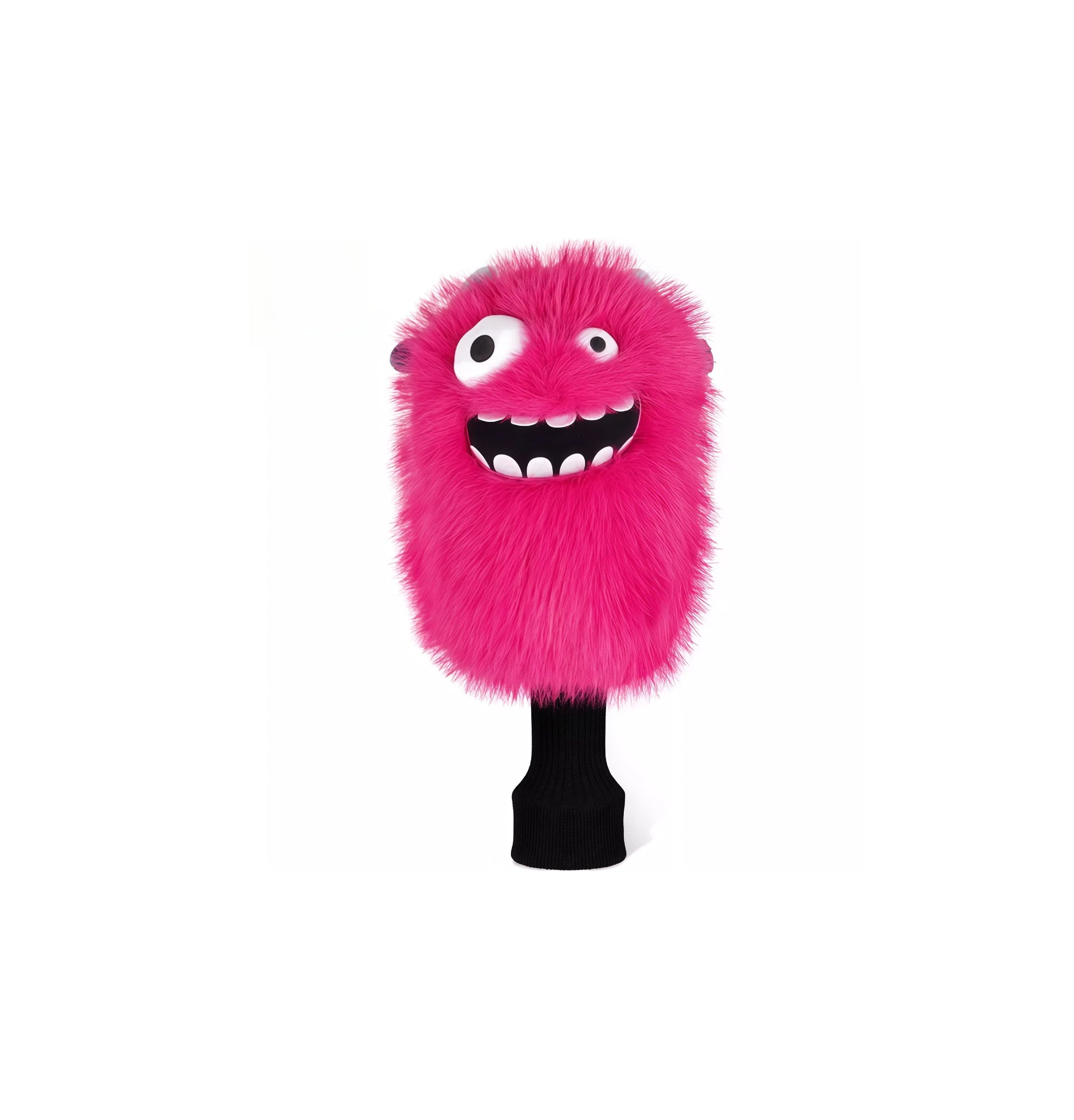 Cute pink little monster golf driver headcover with fluffy fur, big white eyes, and a smiling mouth, designed to protect your 1 wood club with a playful and unique animal-themed design.