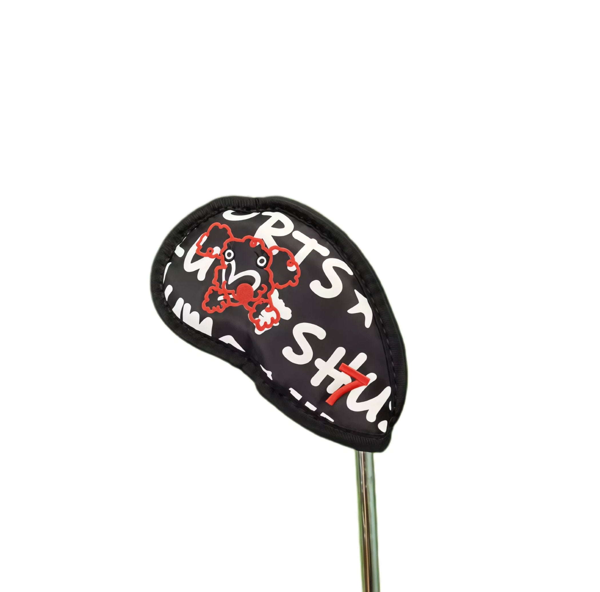 Close-up view of MU cartoon print golf iron cover with red “7” digit and cartoon dog design on black nylon fabric, compatible with iron clubs for secure fit and durable protection.