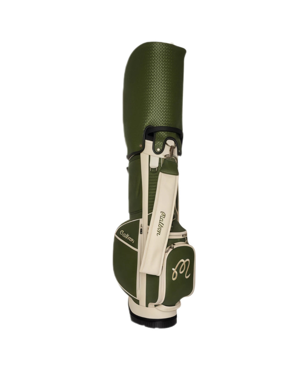 Front view of Malbon Artigianale stand golf bag in olive green and cream; premium leather-like material with embossed logo and elegant stitching details.