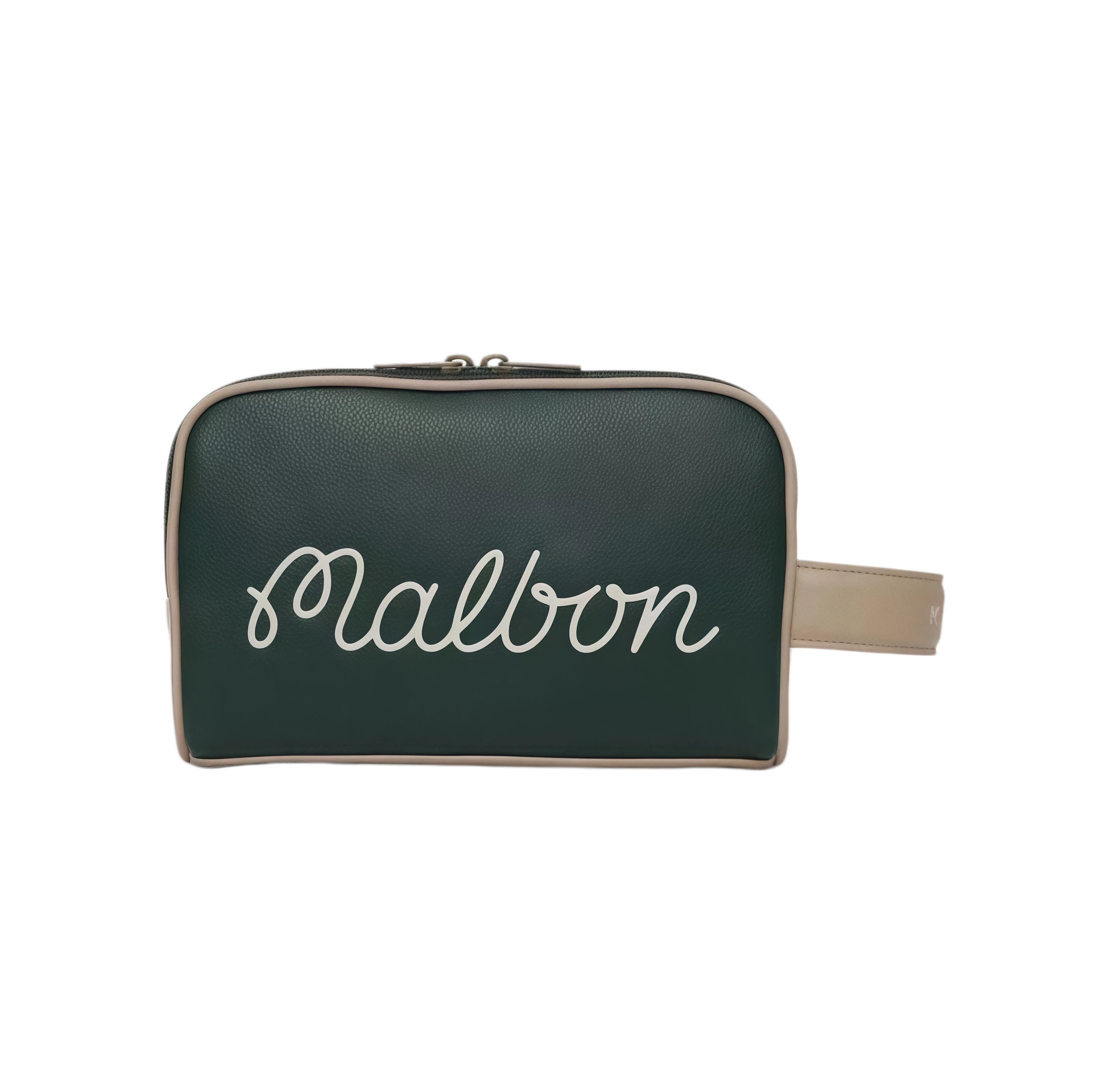 Dark green Malbon golf pouch with bold white cursive "Malbon" logo. Minimalist yet luxurious design for men and women who love golf fashion.
