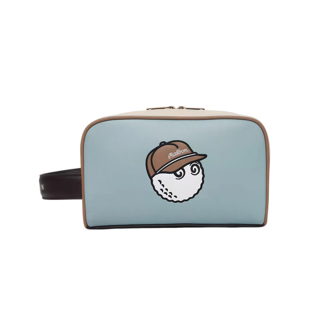 Light blue Malbon mini accessories bag with golf ball character wearing a brown cap. Lightweight, stylish, and perfect for golf gear or daily essentials.