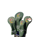 Malbon Caddie Embroidered Golf Headcovers Set in forest green featuring cartoon squirrel caddie design with "Malbon Golf" script embroidery - includes driver, fairway wood, iron, and putter covers for universal fit and stylish club protection
