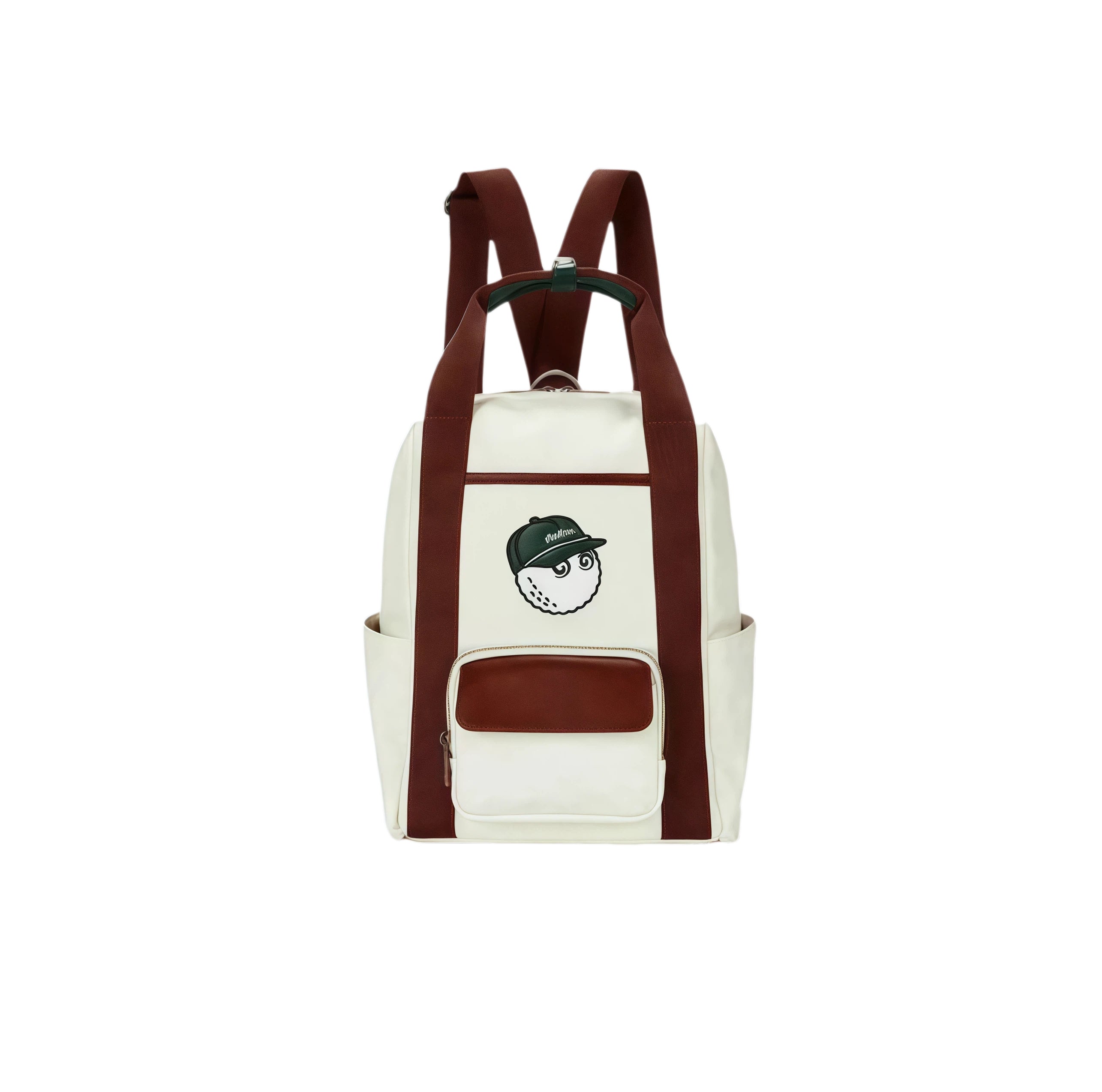 Front-facing shot of the Malbon lightweight daypack in cream and burgundy. Includes embroidered golf ball character wearing a cap, zippered front pocket, and premium leather-like trim.