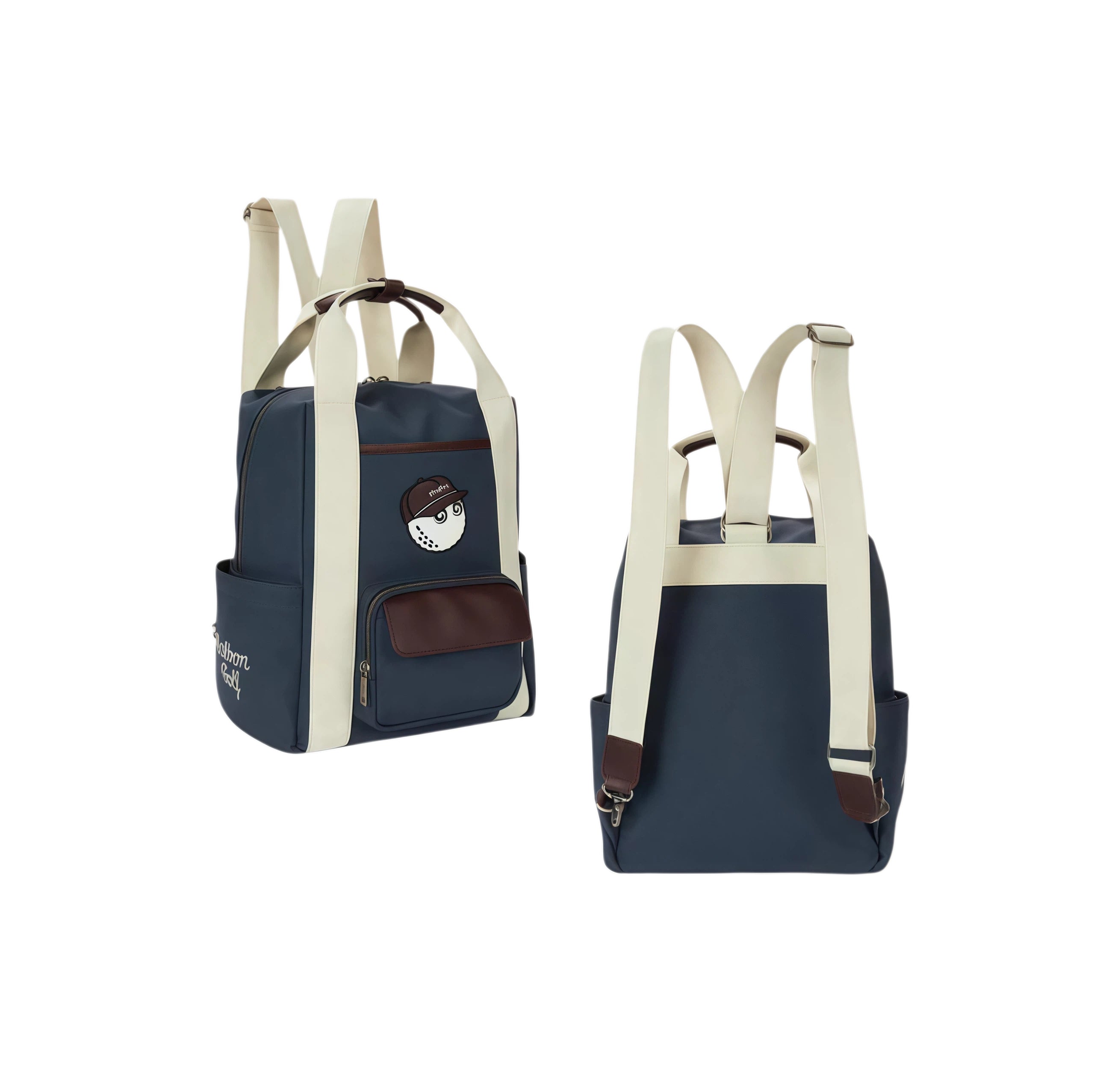 Dual-angle view of the Malbon golf backpack showing both front and back. Highlights ergonomic shoulder straps, side storage, and minimalist branding.
