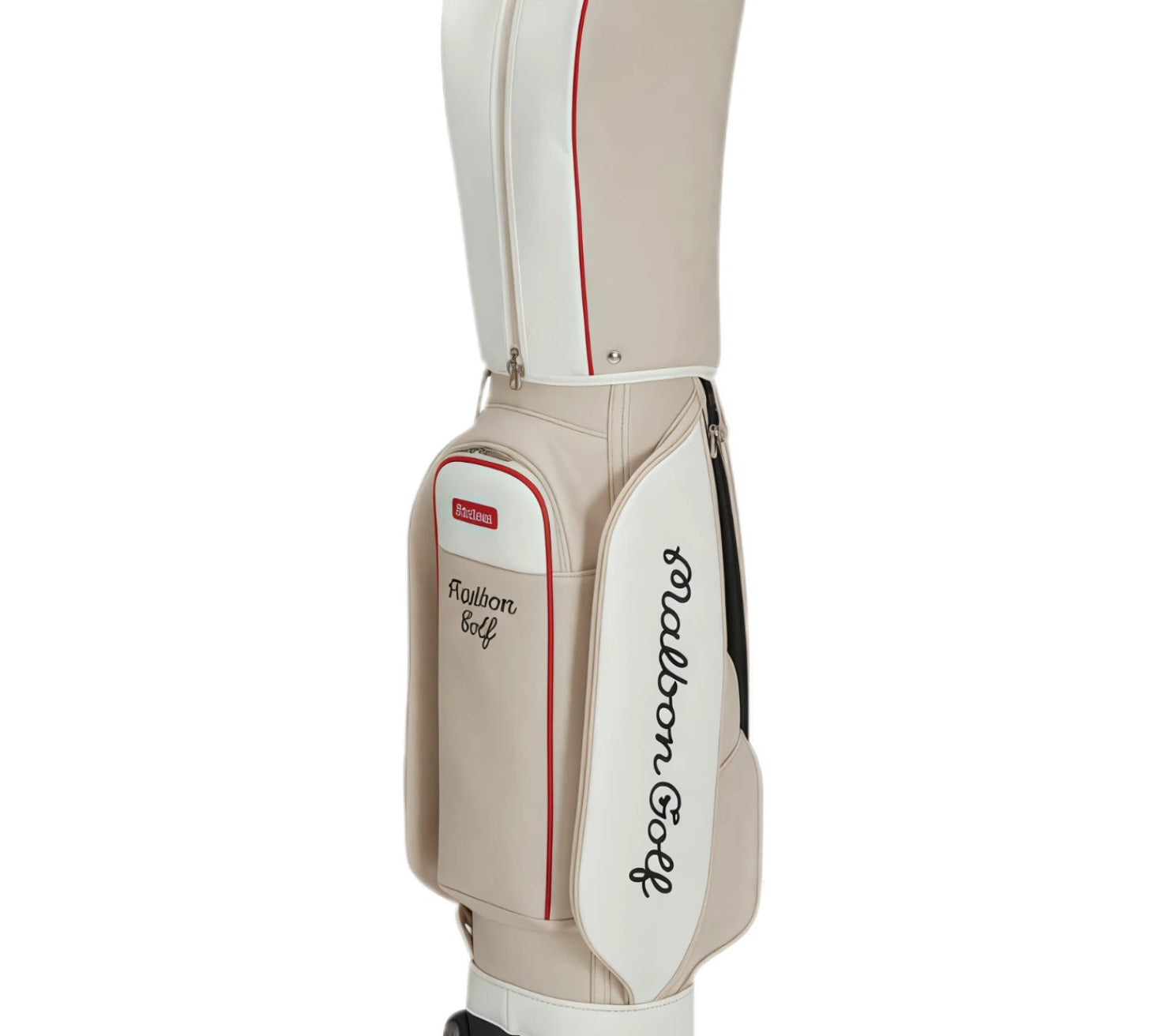 Close-up of beige Malbon Golf bag’s side pocket with red stitching, branded label, and "Malbon Golf" embroidery. Functional storage with sleek design for accessories.