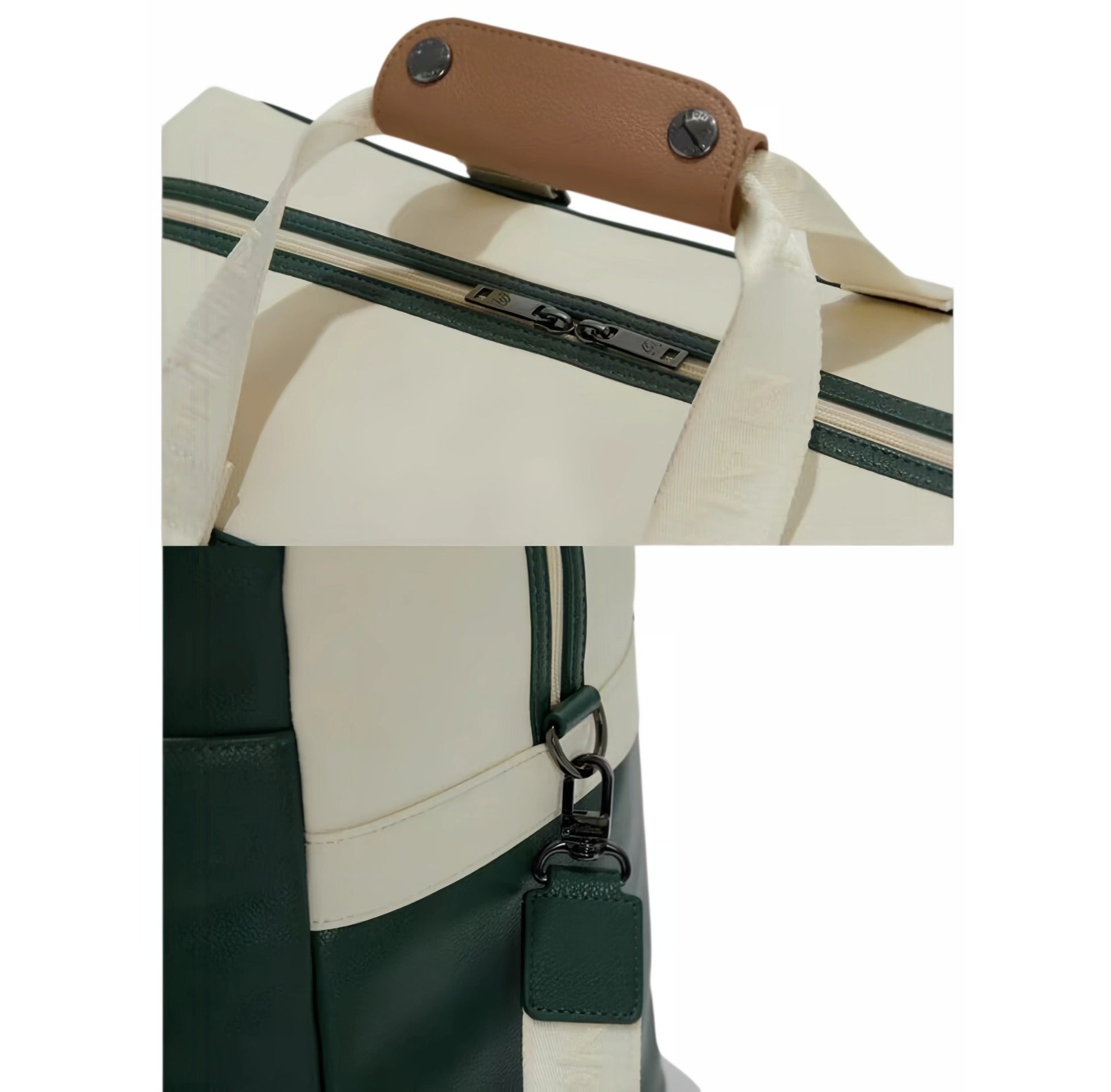 Front view of dark green Malbon Golf duffle bag with clean lines, red "Malbon" logo patch, cream side panels, and brown base trim