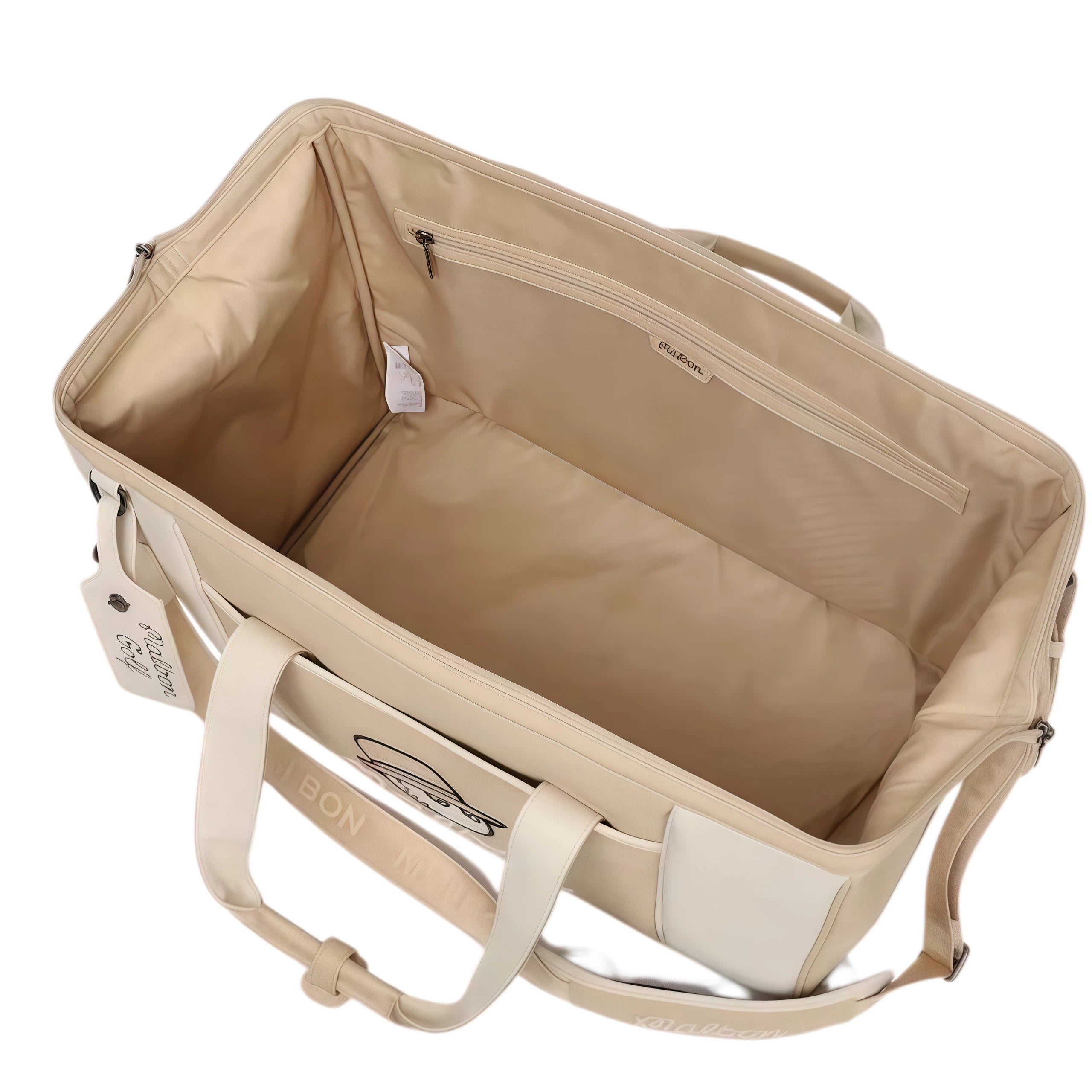 Inside view of beige Malbon duffle bag showing large main storage space, zippered inner pocket, and durable fabric lining