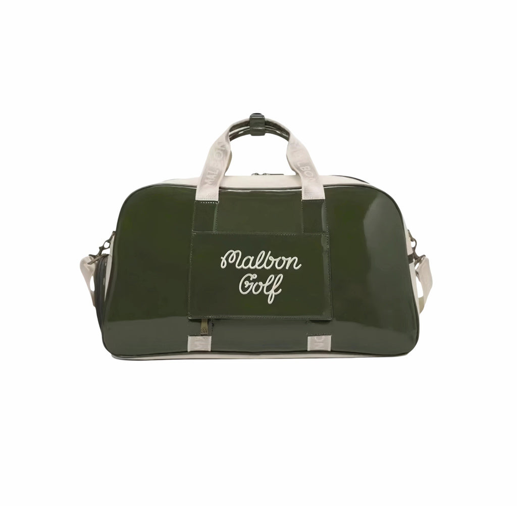 Front view of green glossy PU leather Malbon Golf duffle bag featuring white "Malbon Golf" script embroidery, dual top handles, and branded side straps