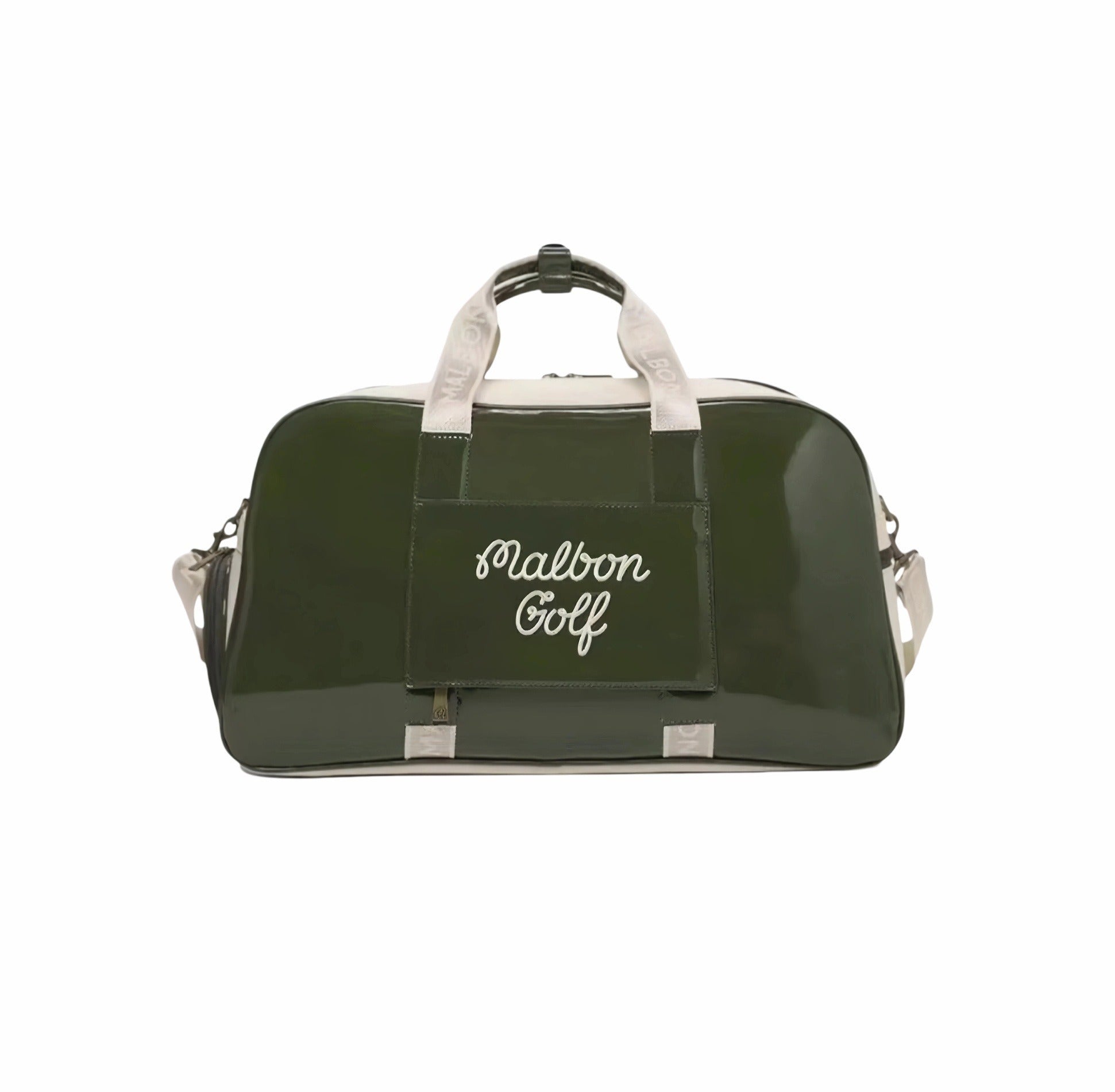 Front view of green glossy PU leather Malbon Golf duffle bag featuring white "Malbon Golf" script embroidery, dual top handles, and branded side straps