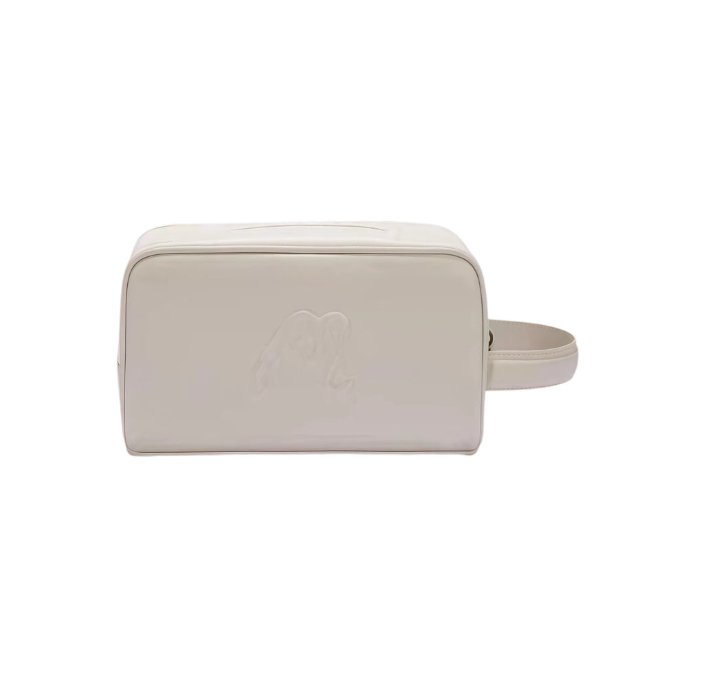 Back view of beige Malbon Golf Buckets pouch bag featuring embossed "M" logo, sleek PU leather texture, and integrated wrist strap for portability