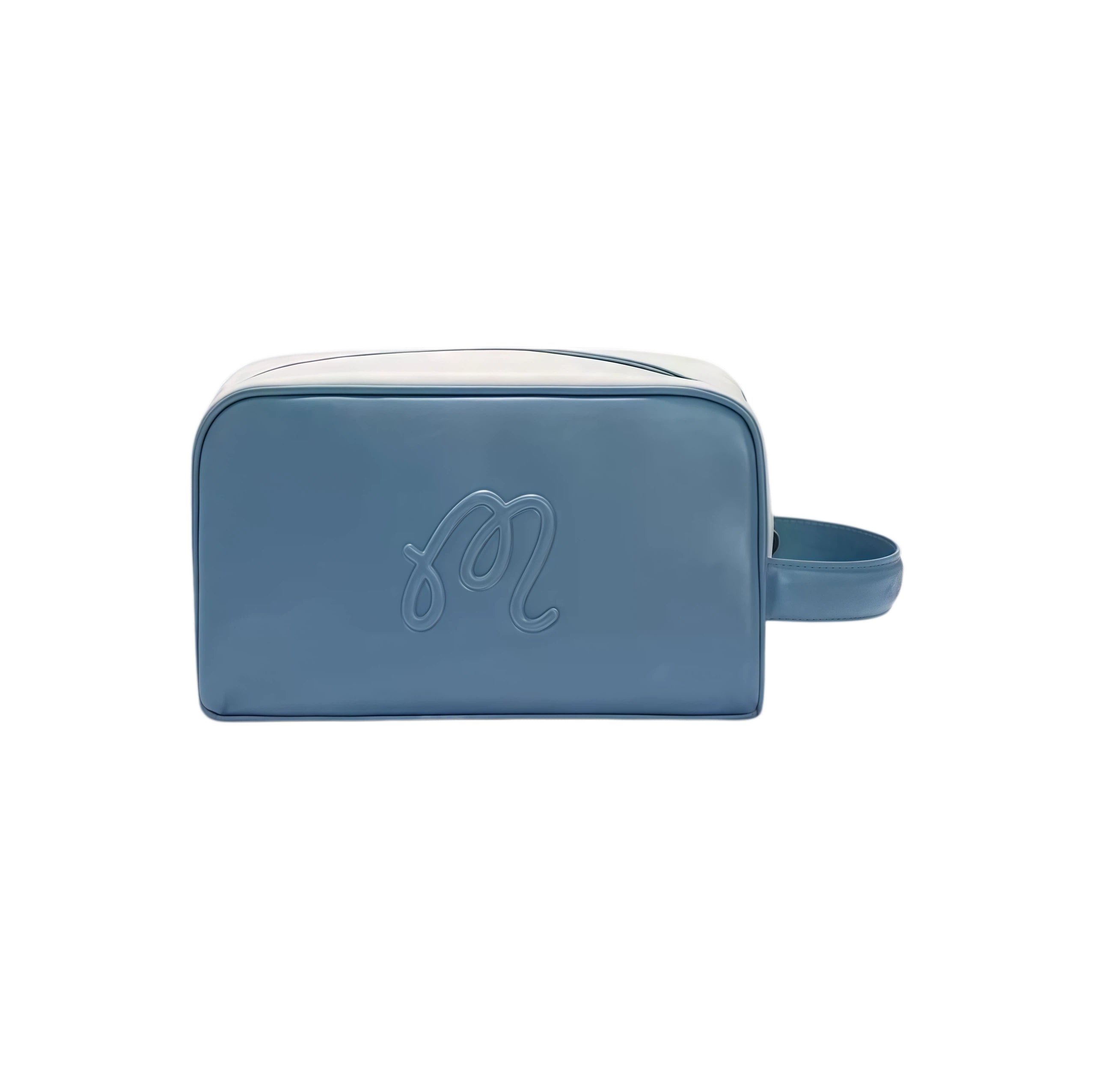 Back view of sky blue Malbon Golf Buckets pouch bag showcasing debossed "M" logo, premium PU material, and matching wrist handle for easy carrying