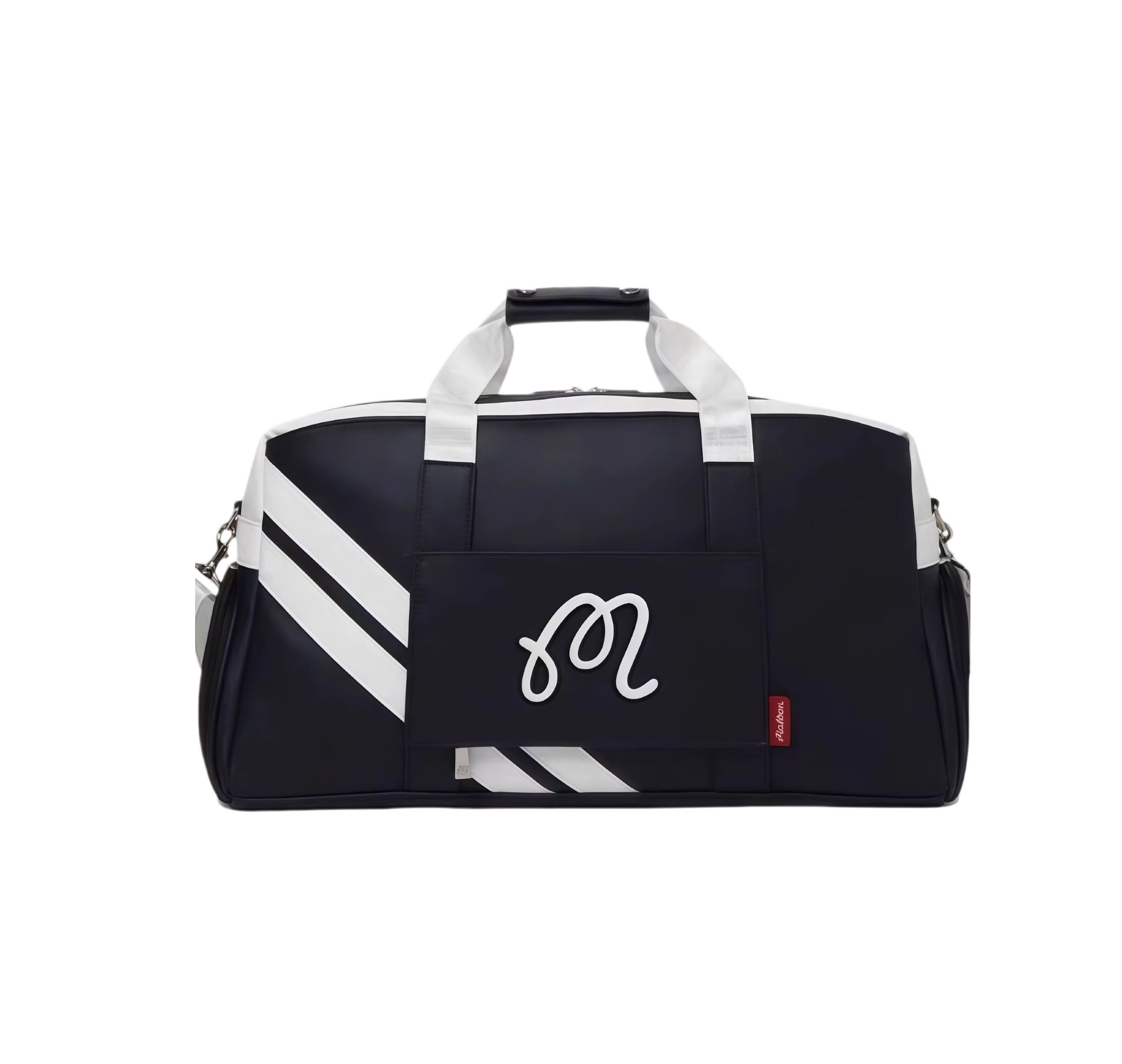 Navy blue Malbon Golf Core duffle bag with a prominent white cursive "M" logo on the front pocket. Features white diagonal stripes, top carry handle, and adjustable shoulder strap. Designed for durability and style.
