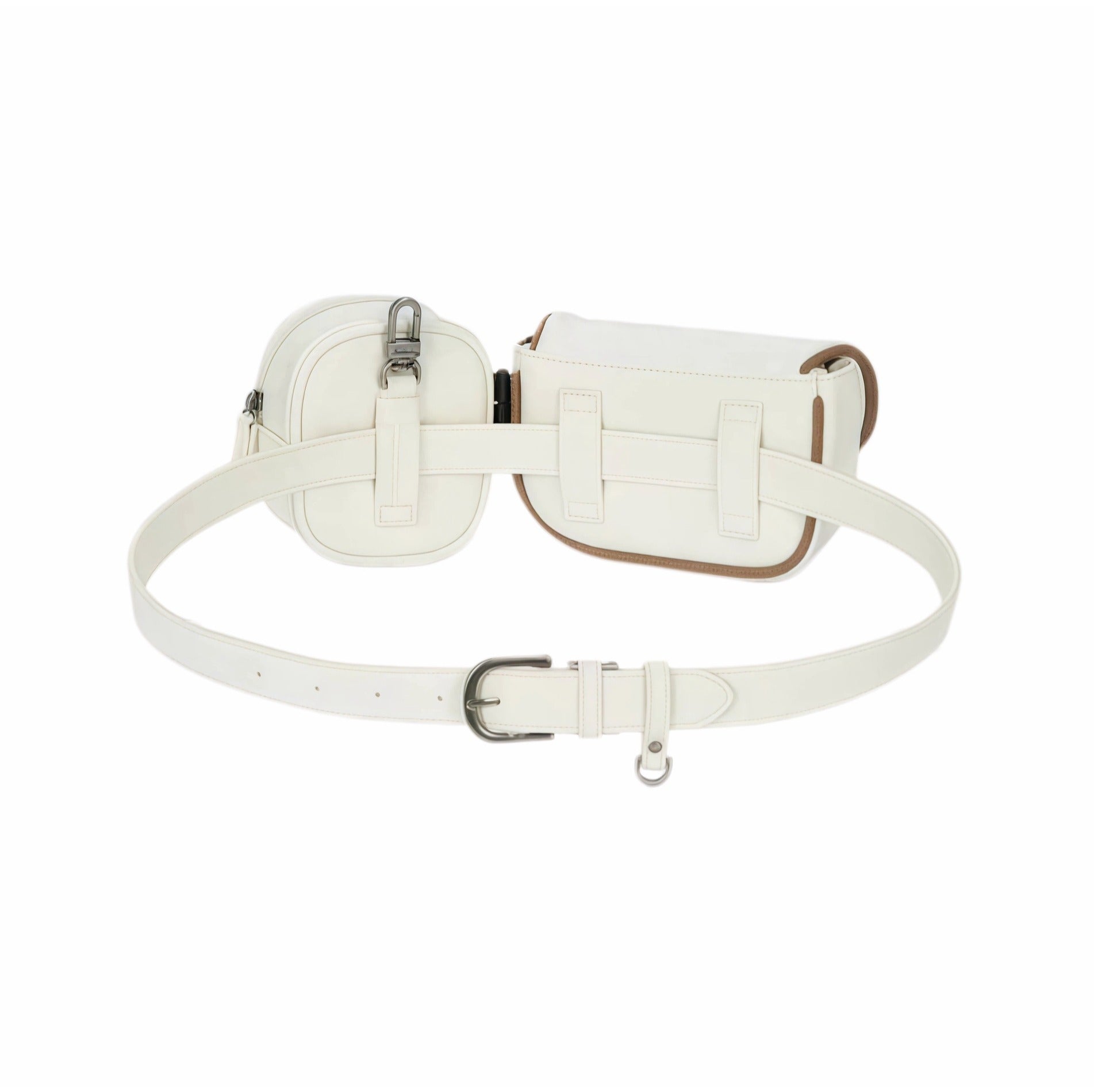 Rear view of Malbon Golf dual pouch belt bag in cream white showing full-length adjustable belt with silver buckle, strap loops, and secure attachment points

