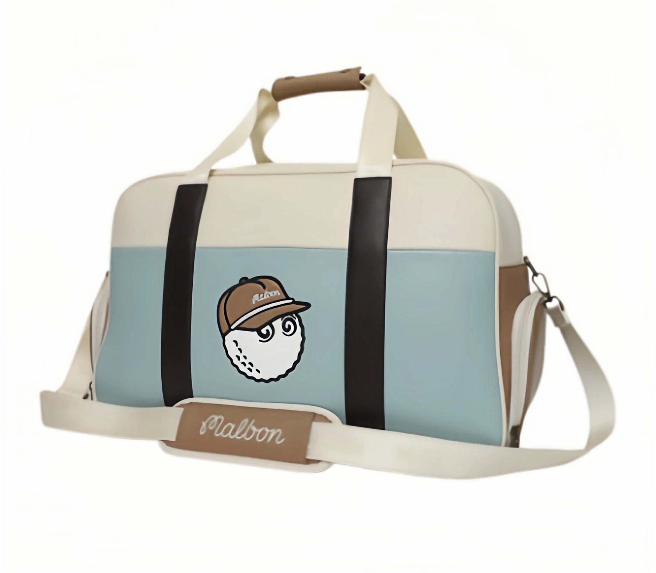 Side angle of Malbon Golf Boston bag highlighting cream and light blue color block design, black accent straps, and detachable shoulder strap for easy carry
