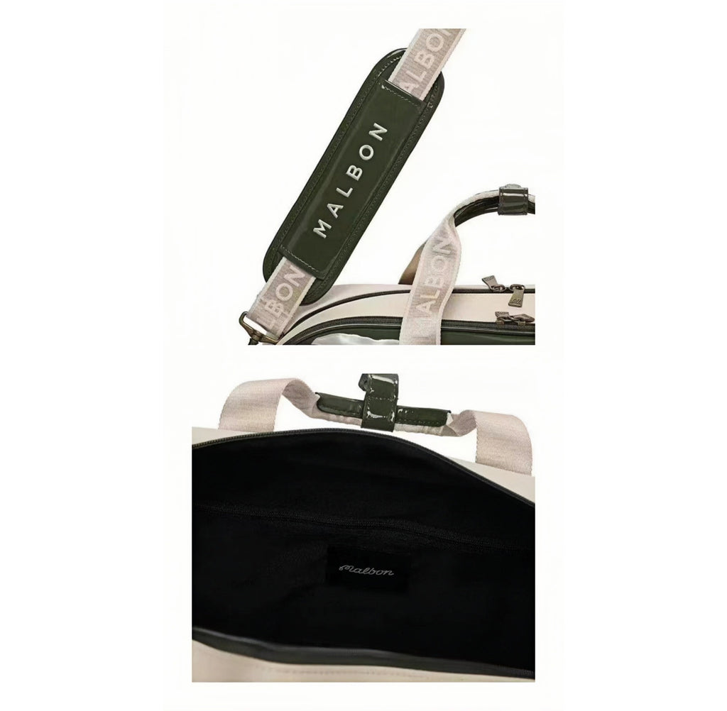Close-up of Malbon Golf duffle bag showing padded handle with "MALBON" logo print, glossy finish, and black interior with branded label inside
