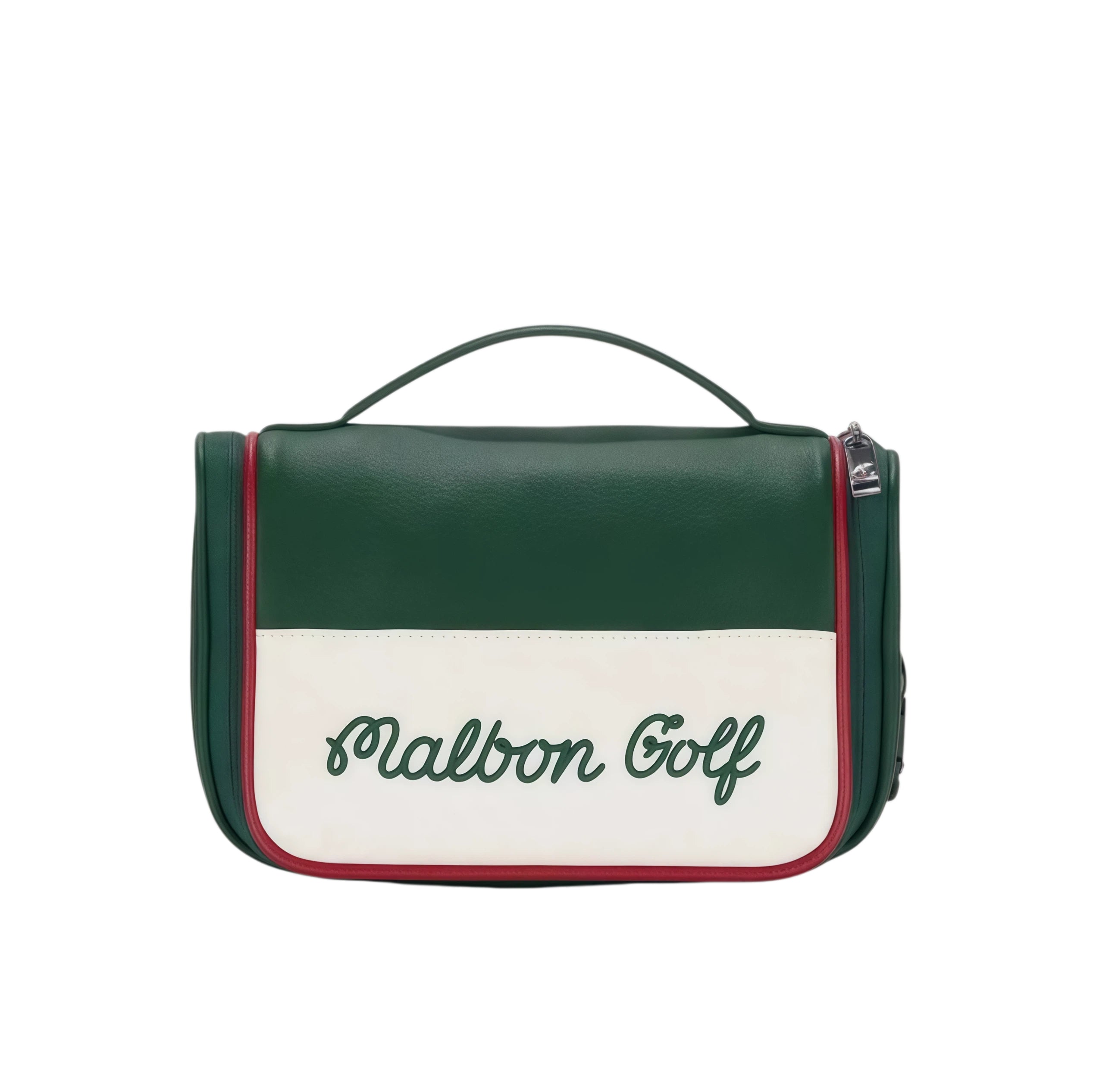 Green and cream Malbon golf handbag with "Malbon Golf" cursive logo on white panel, red trim detailing, and sleek design perfect for carrying toiletries or golf accessories.