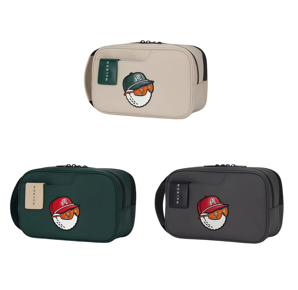 Three color options of Malbon golf handheld storage bags: beige, dark green, and black. Each features a unique character patch and premium finish.