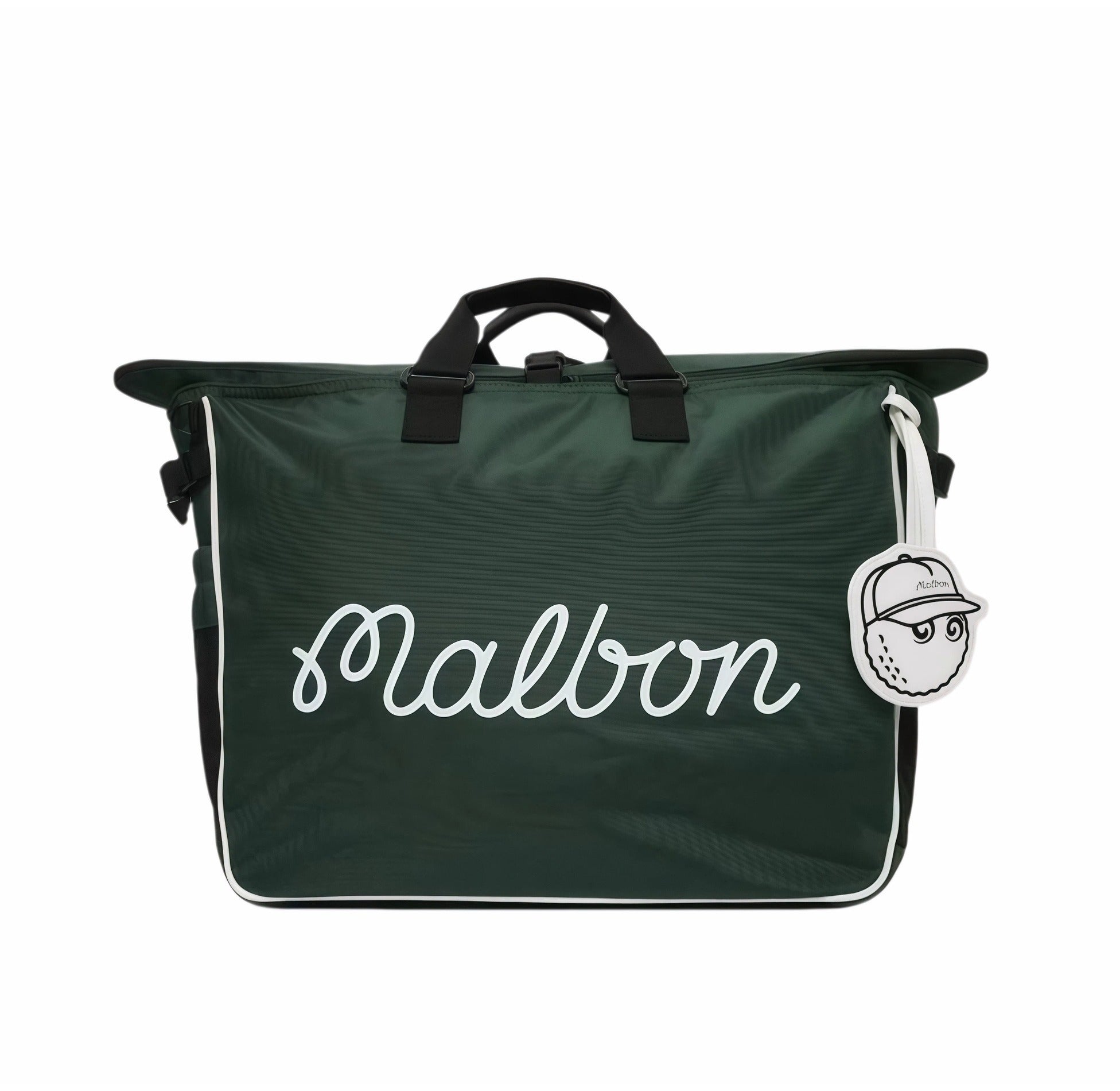 Full front view of Malbon Golf Heritage duffle bag in deep green featuring white cursive "Malbon" logo, black handles, and a playful golf ball-shaped tag