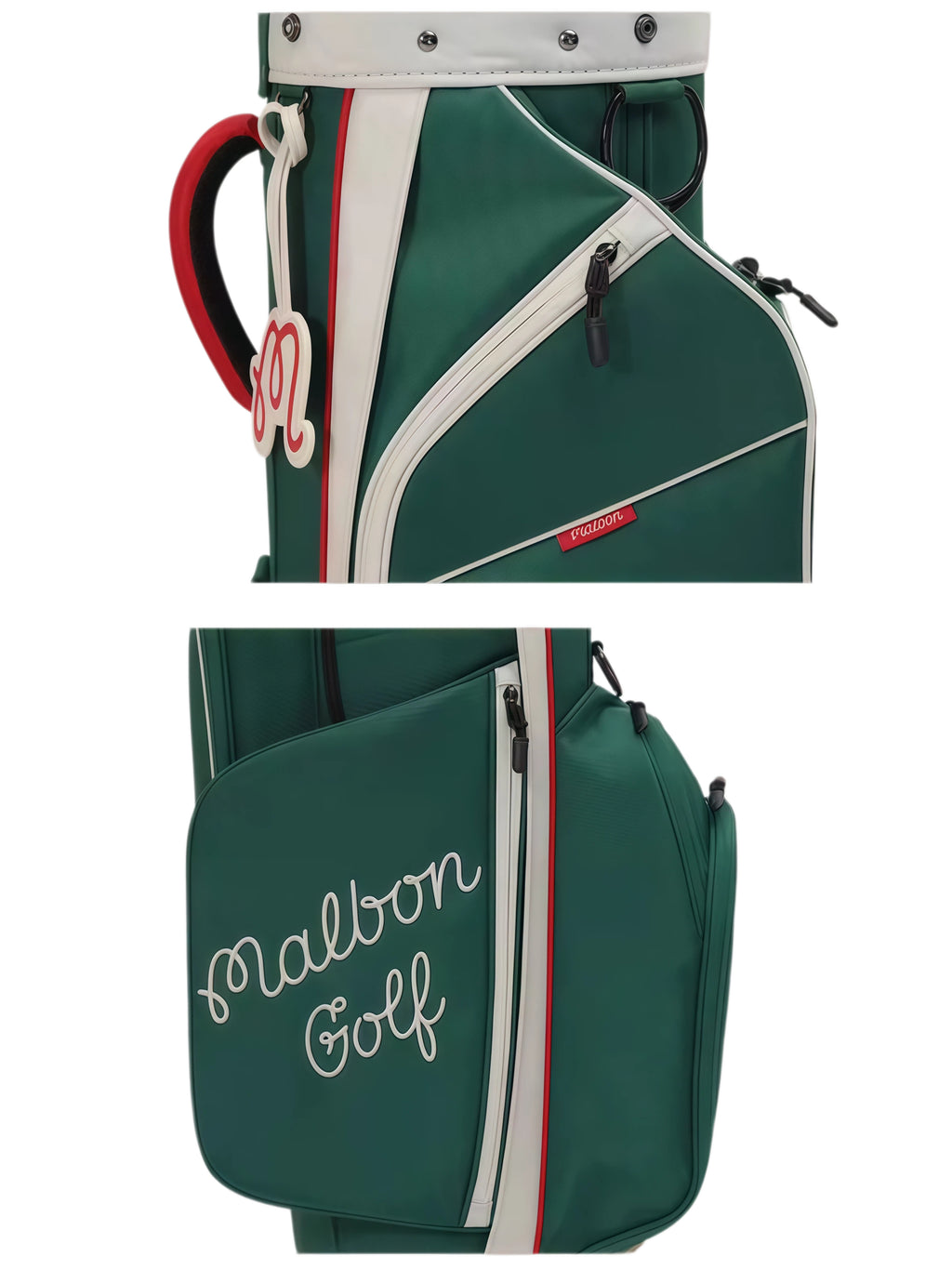 Close-up of Malbon Golf Heritage caddy bag handle, red grip, and hanging “M” logo charm with detailed stitching and brand tag