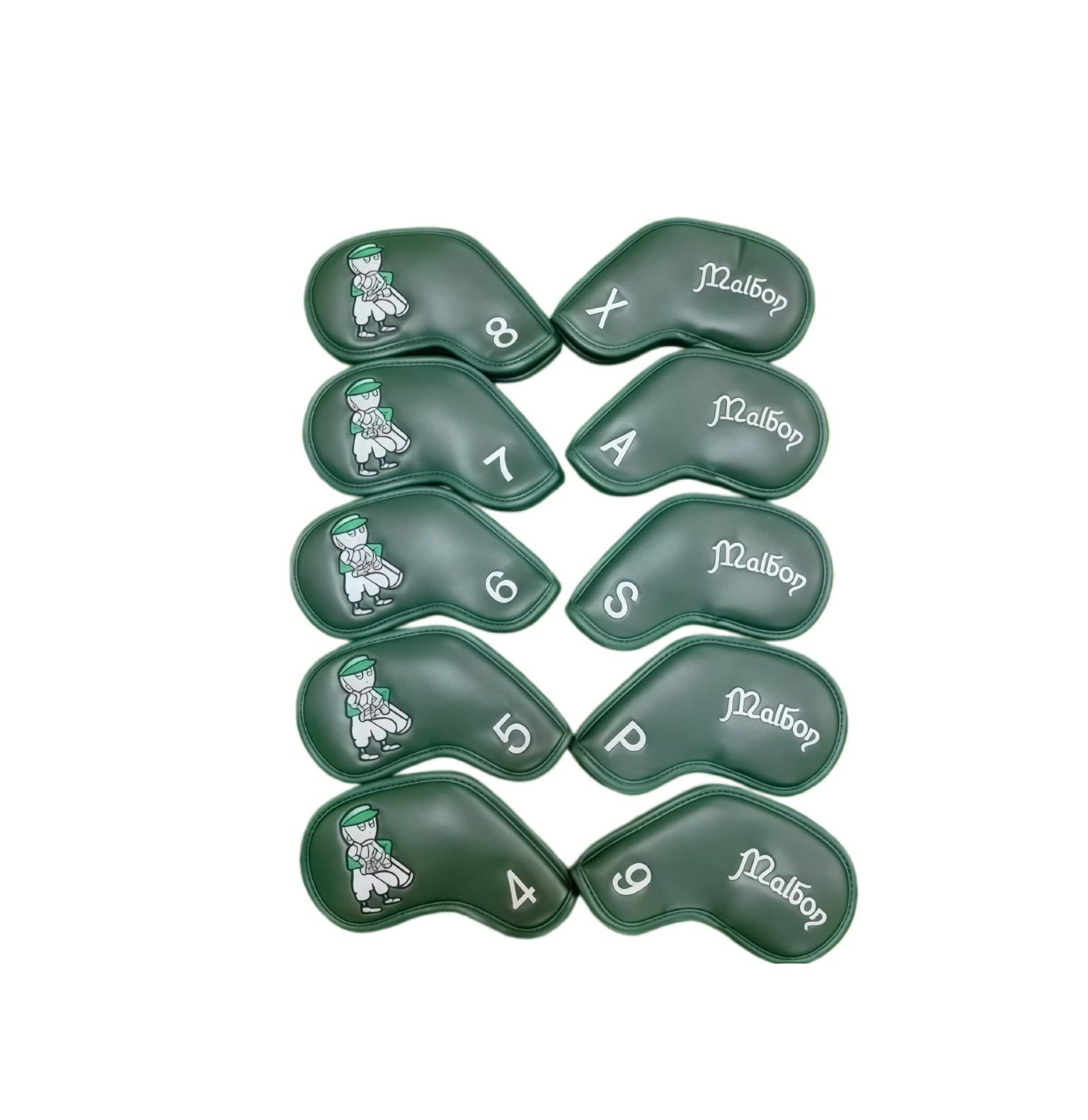 Malbon Golf Iron Headcovers Set in dark green with white caddy cartoon logo and “Malbon” script embroidery - magnetic closure PU leather design for durable, dust-proof iron club protection