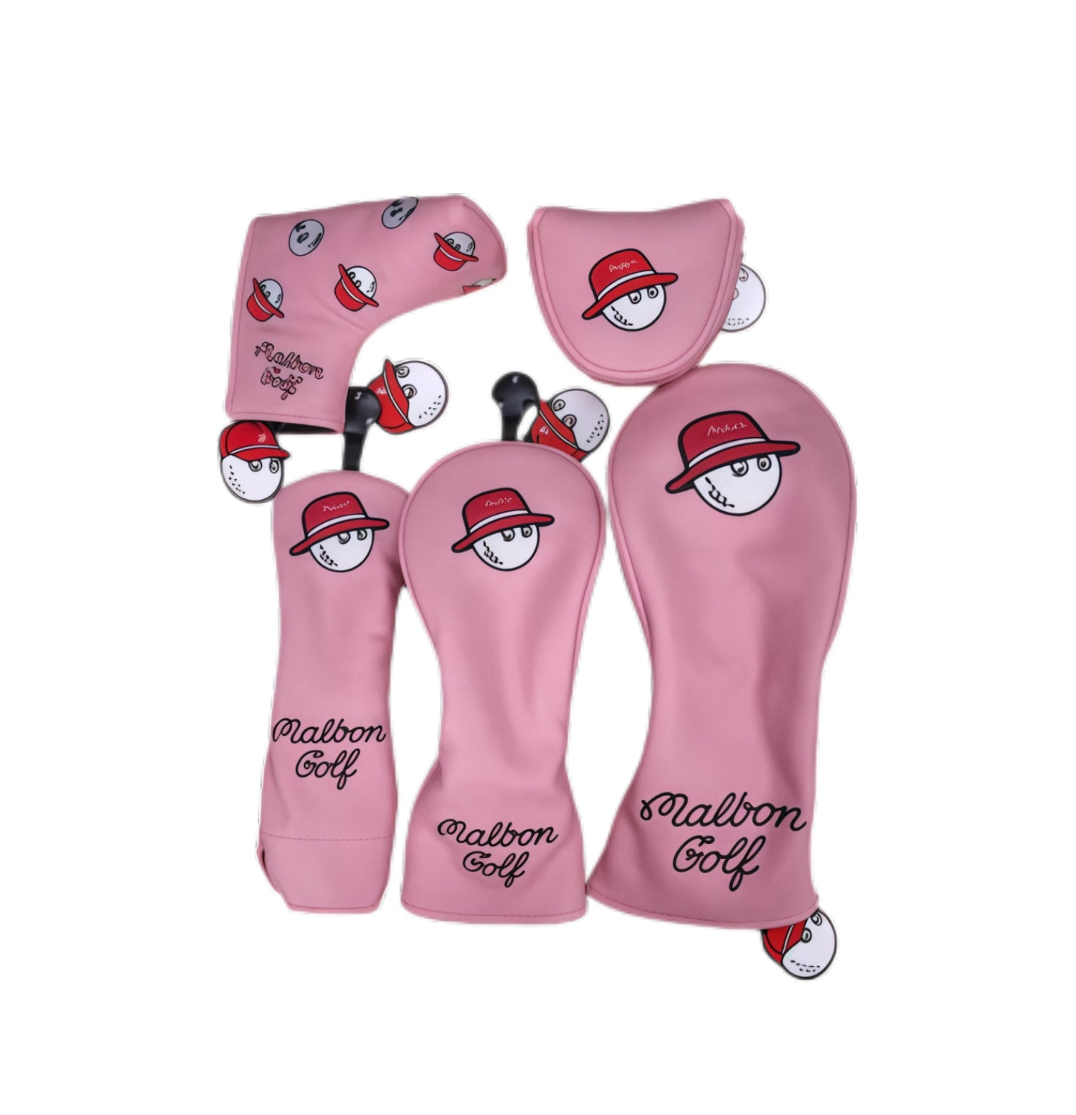 Forest green Malbon golf headcover set with beige bucket hat-wearing cartoon golf ball graphics; includes driver, three iron covers, and putter cover — each equipped with red-capped magnetic ball clip.