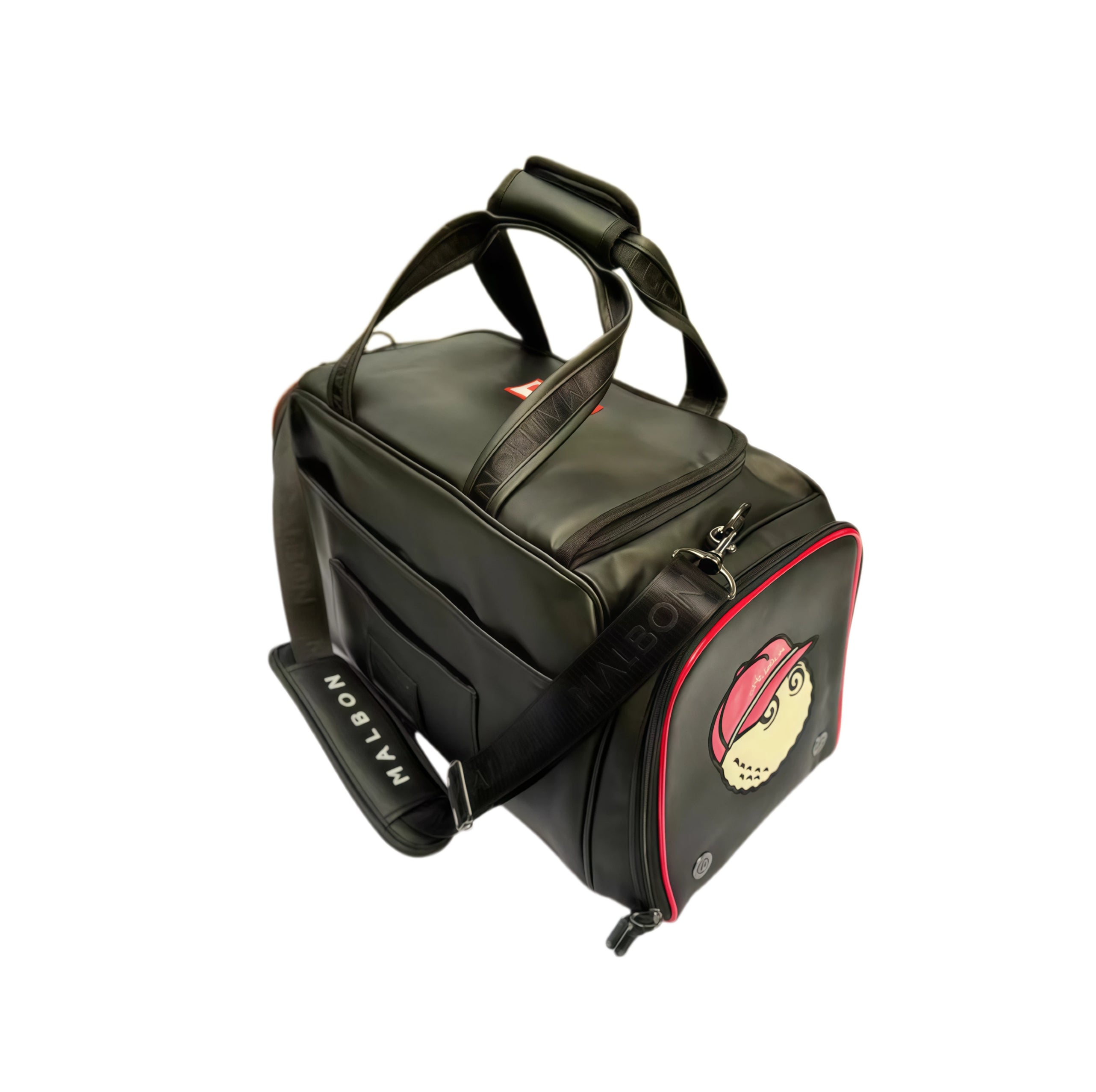 Back angle view of the Malbon Golf M Bucket Boston Bag showing the detachable shoulder strap with "MALBON" embossed text, side pocket with cartoon mascot, and structured body.
