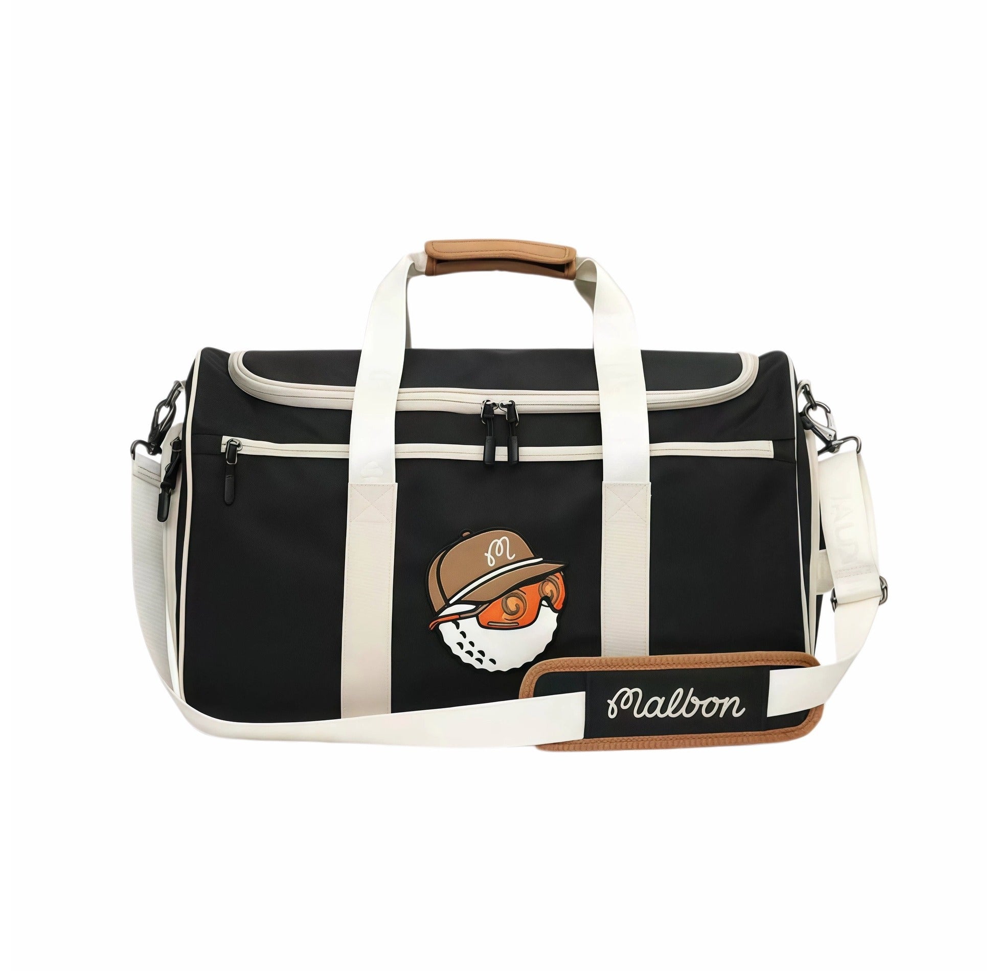 Full front view of Malbon Golf Performance duffel bag in black with tan "Buckets" golf ball mascot wearing cap and goggles, cream straps, and brown padded top handle