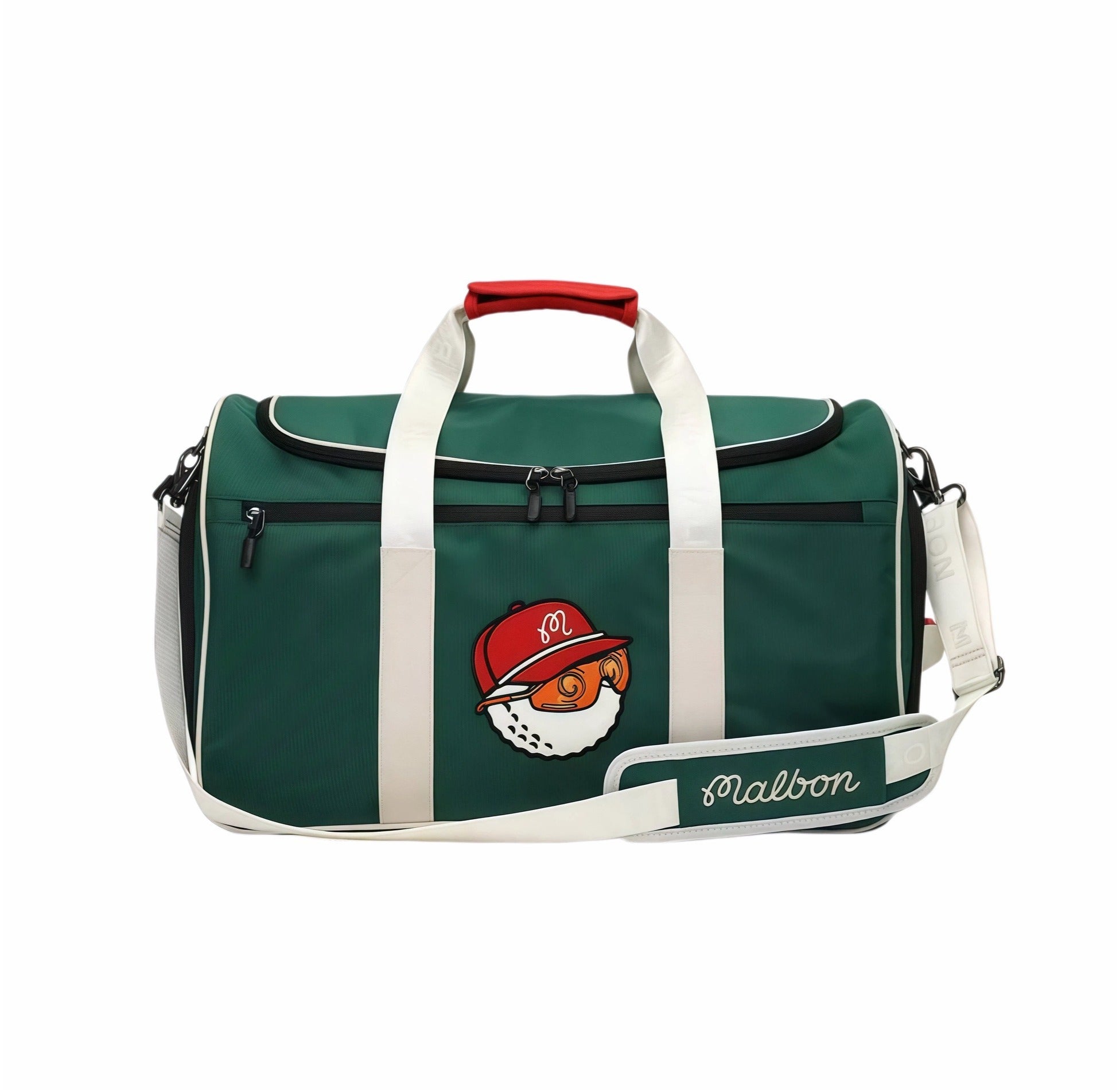Full front view of Malbon Golf Performance duffel bag in forest green with red "Buckets" golf ball character, white straps, red top handle, and branded side panel