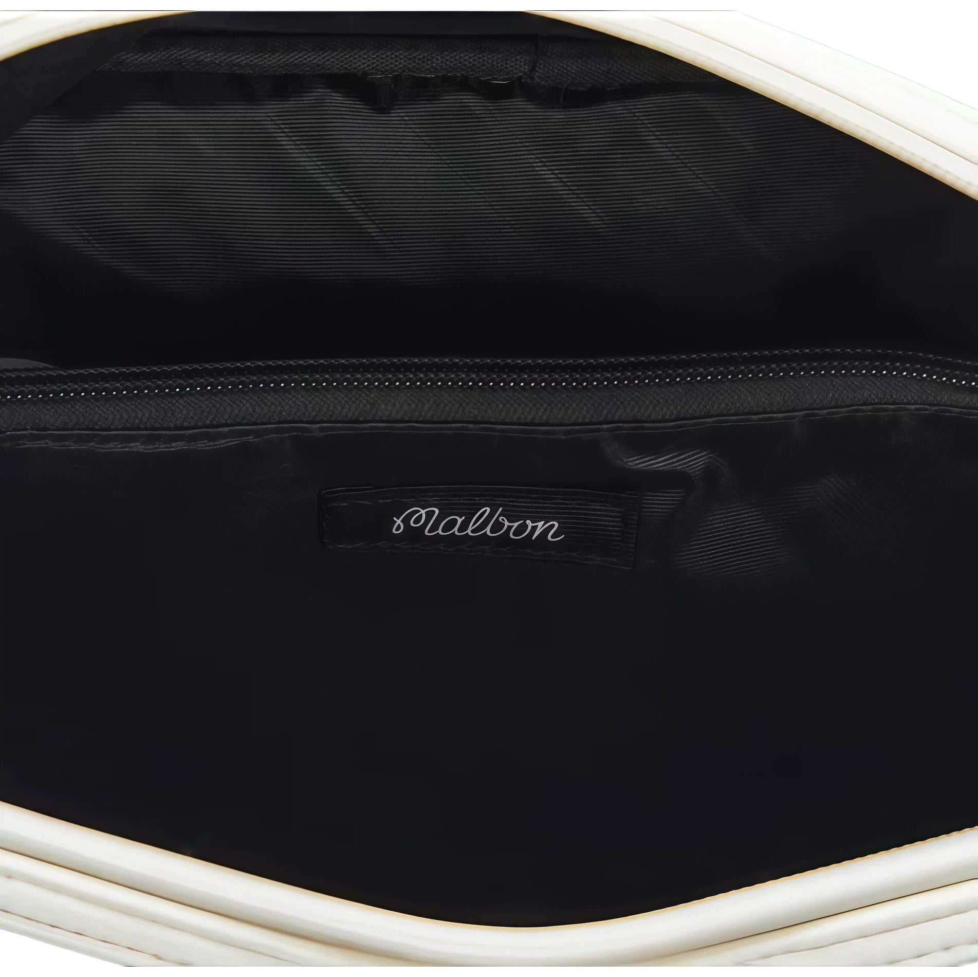 Inside view of Malbon Golf light pouch showing durable black fabric lining, zippered divider, and stitched "Malbon" brand label for authenticity and premium finish