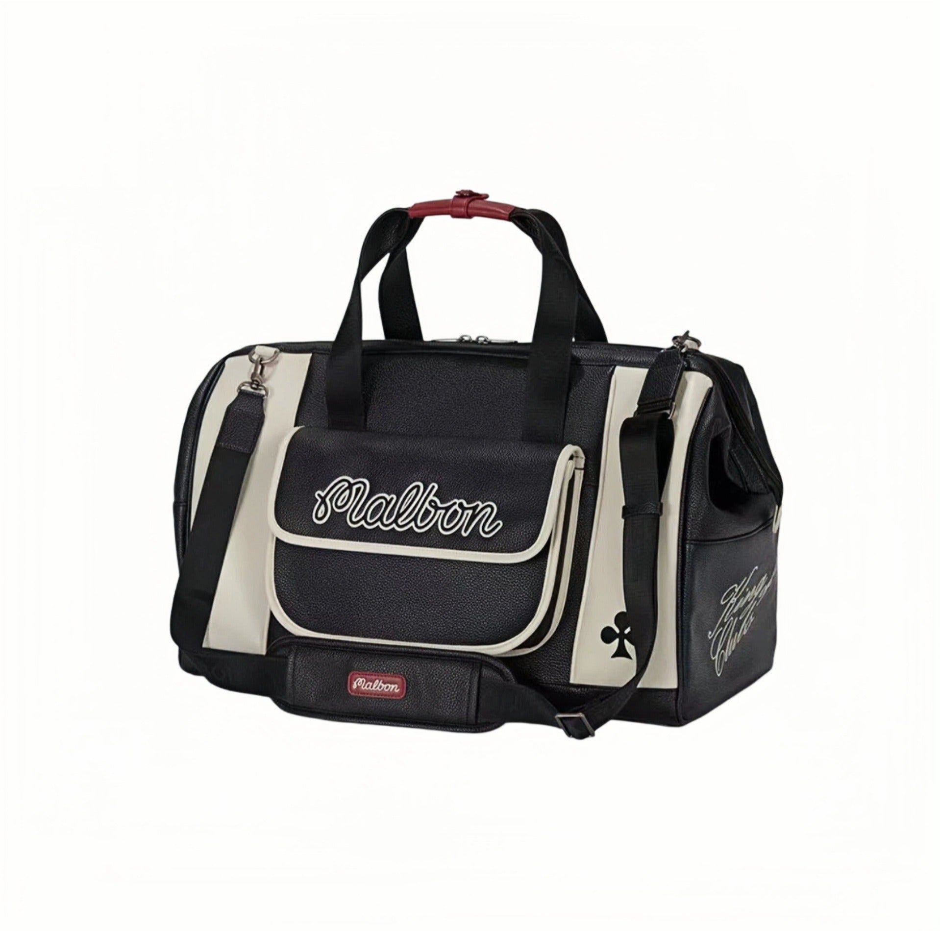 Side view of Malbon Golf Poker King duffle bag in black and cream PU leather, featuring embroidered "Malbon" logo on front flap, red top handle, and adjustable shoulder strap