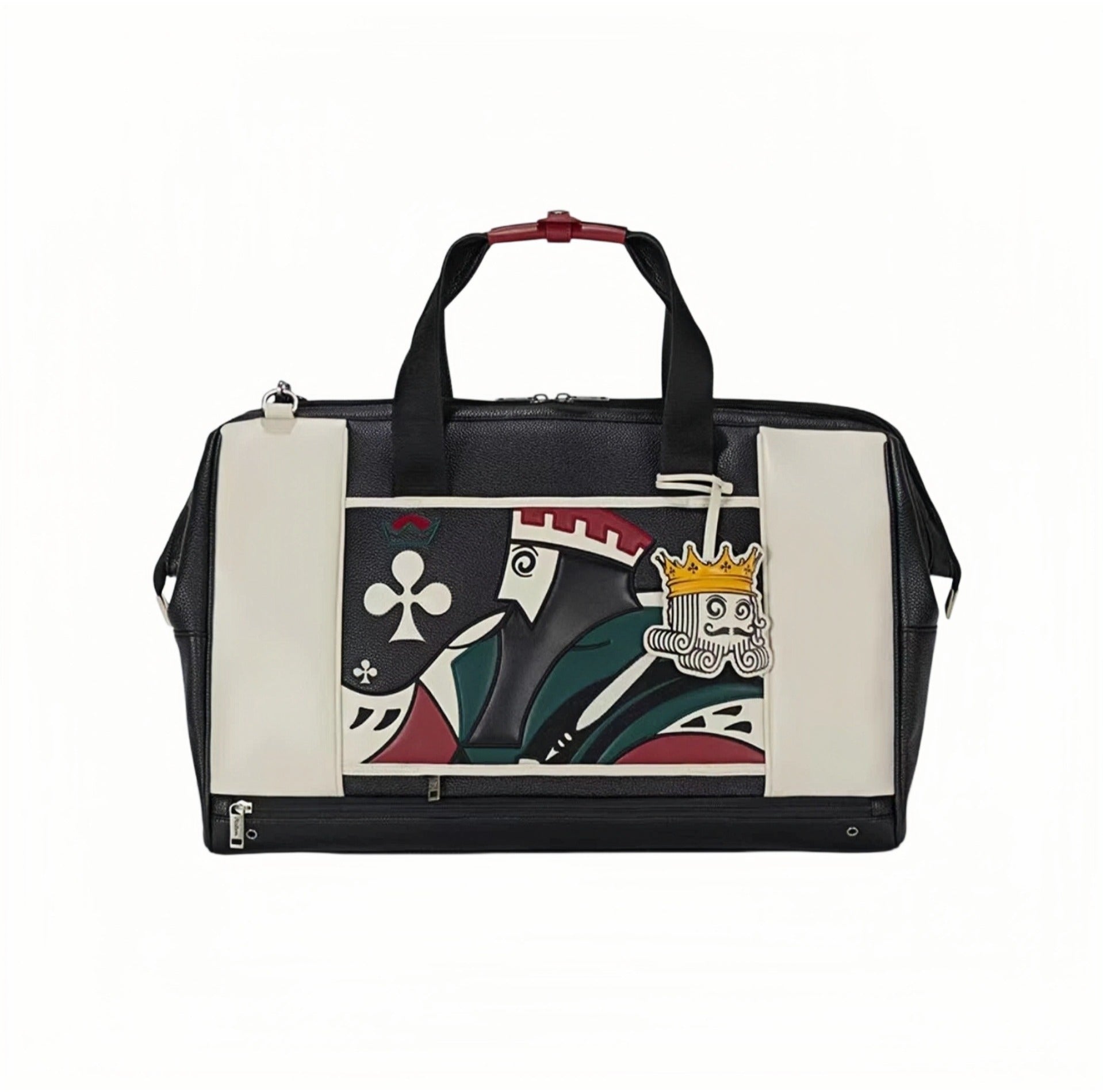 Front view of Malbon Golf Poker King duffle bag featuring bold King of Clubs design in red, green, and black, with 3D crown charm accent and dual-tone black and cream PU leather construction
