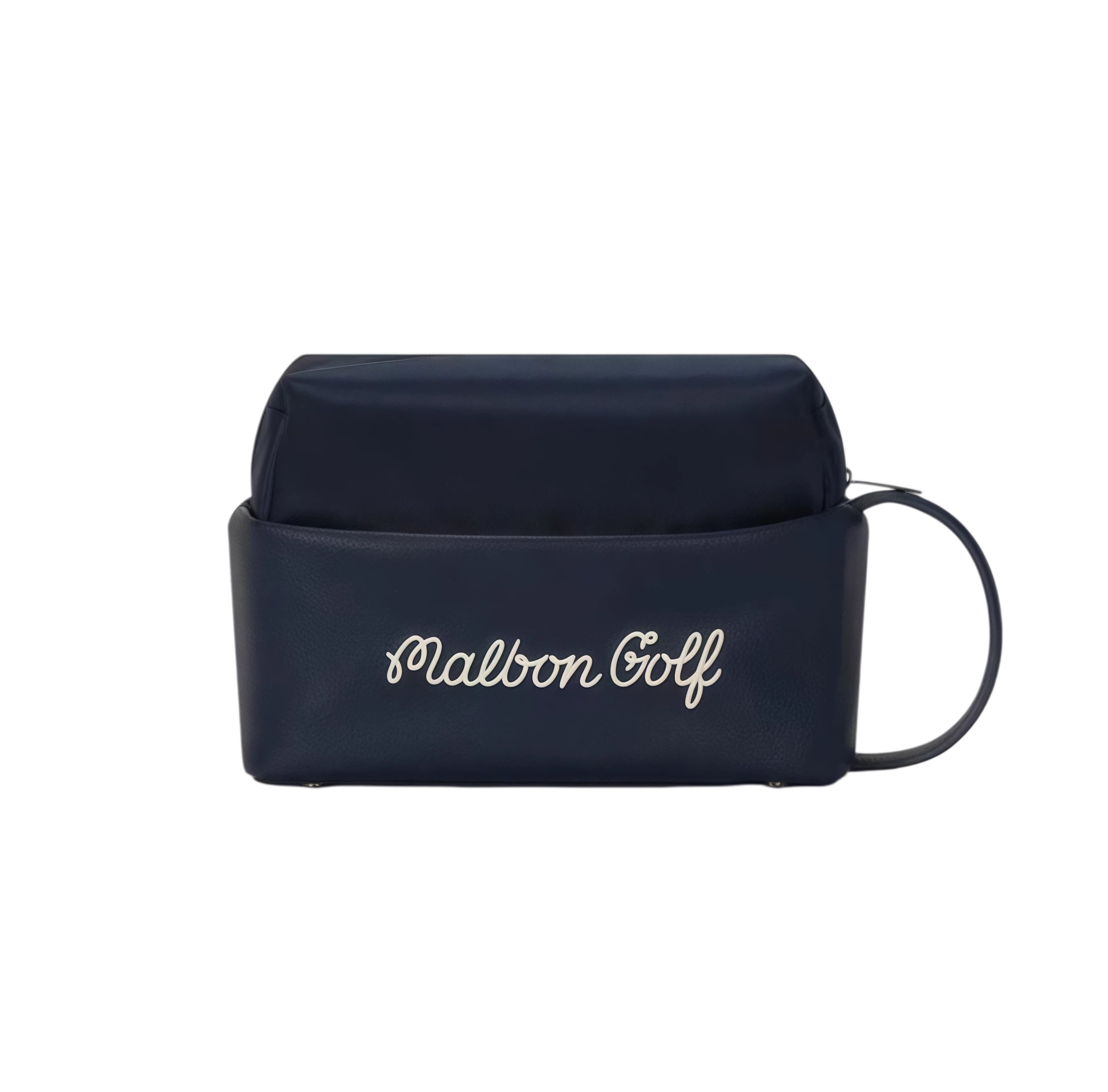 Navy blue Malbon golf pouch with white cursive "Malbon Golf" embroidery, minimalist aesthetic, and compact size ideal for toiletries and small essentials.