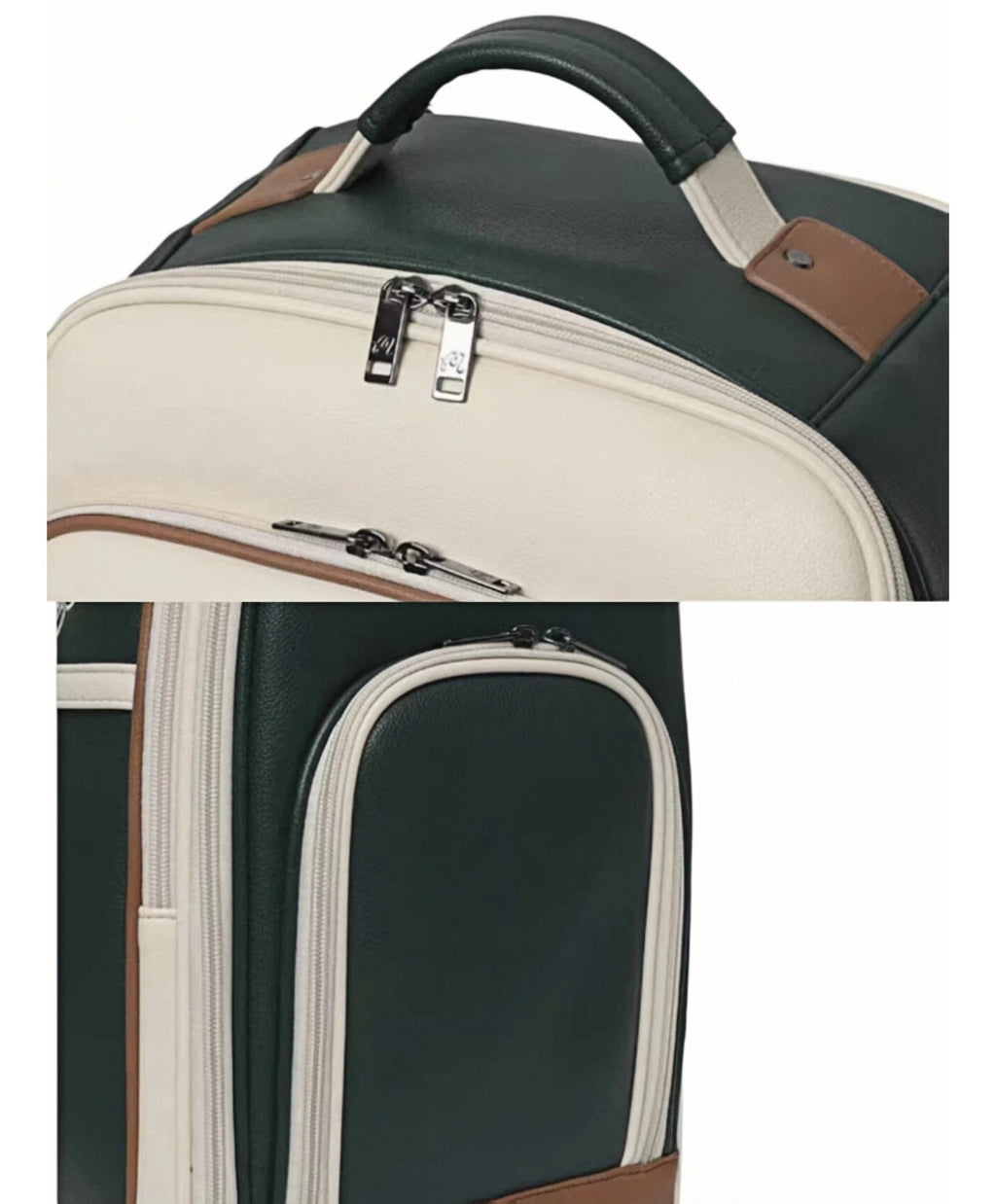 Detailed close-up of Malbon Golf trolley bag’s top dual-zipper closure with metal pulls and side zippered pocket, showcasing premium PU leather construction
