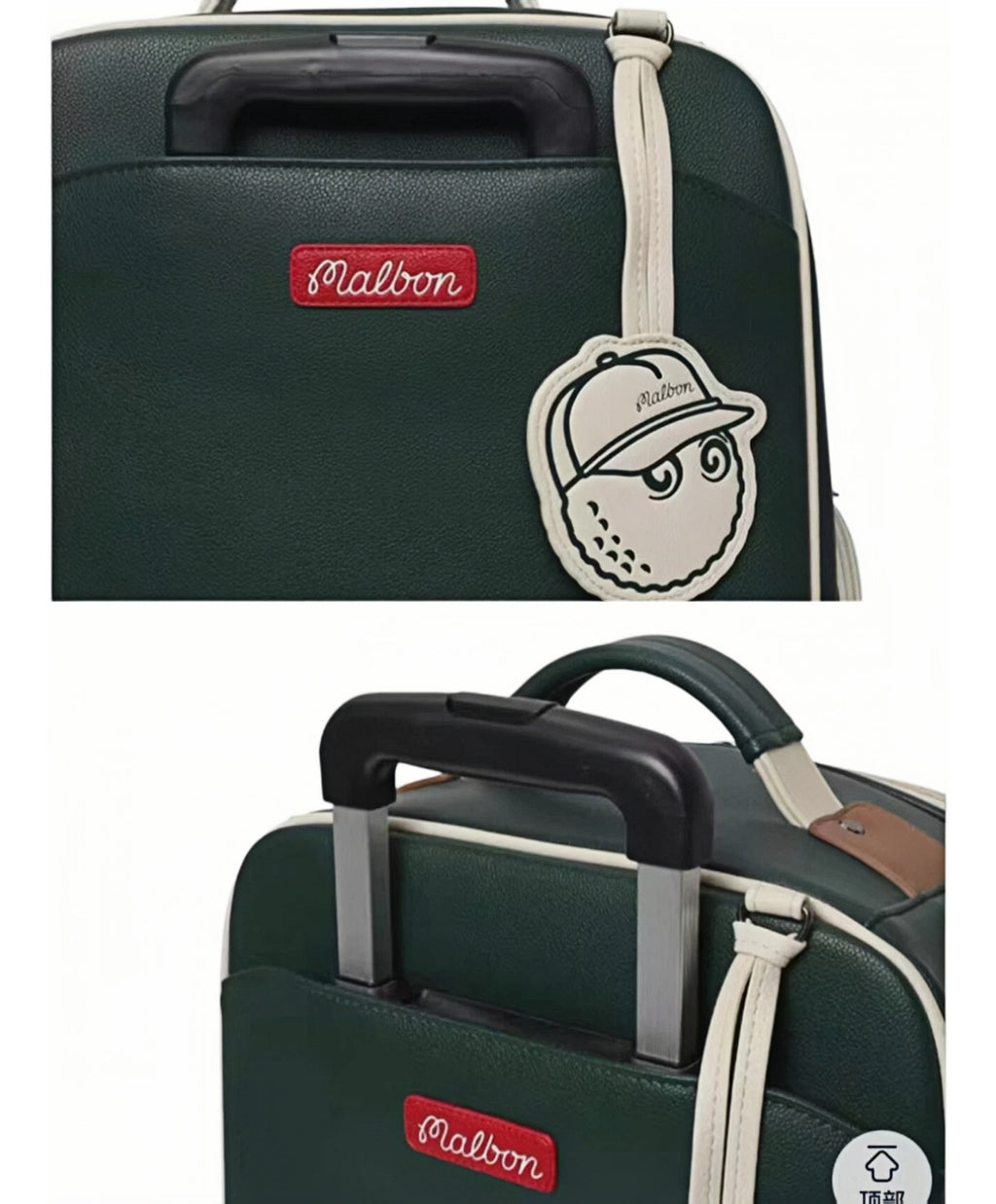 Close-up of Malbon Golf trolley bag featuring red "Malbon" brand patch and extendable telescopic handle with smooth grip, designed for easy travel