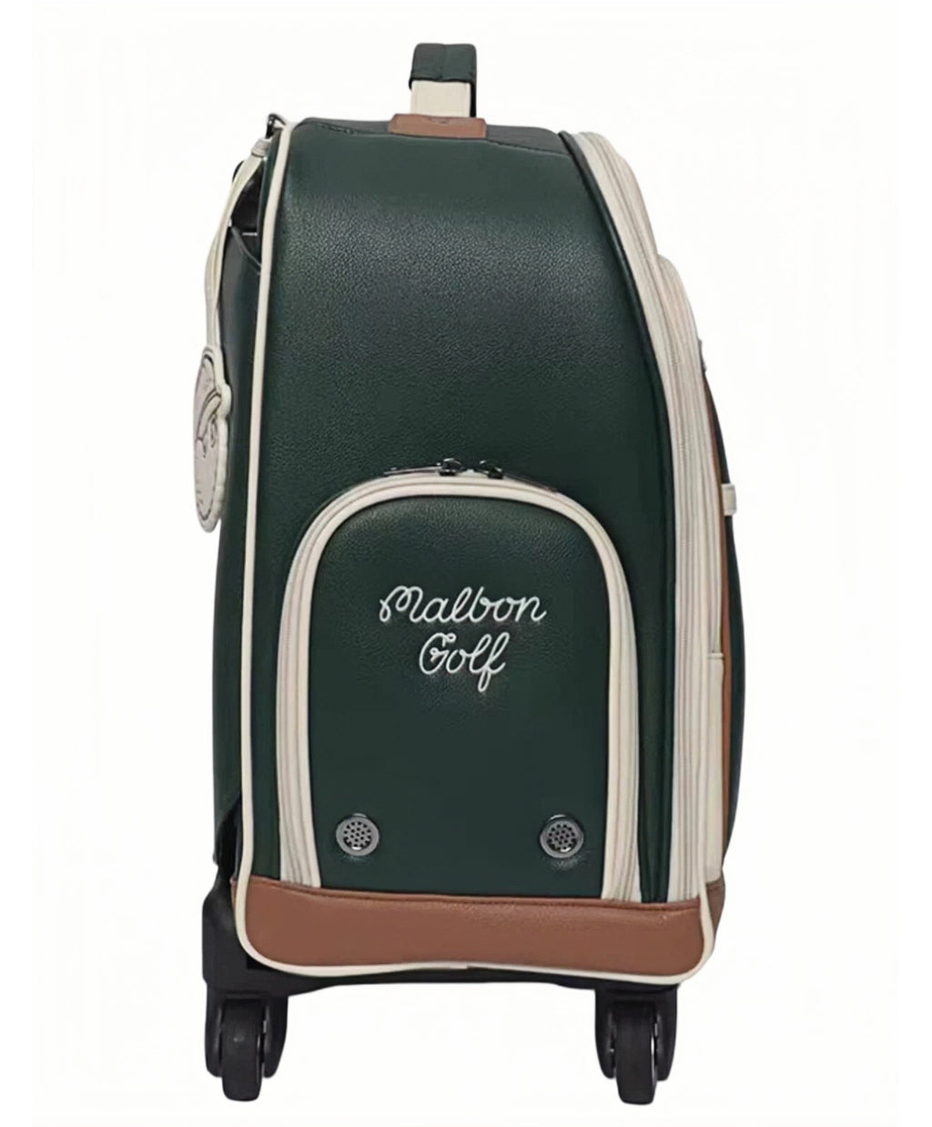 Back view of Malbon Golf trolley bag highlighting "Malbon Golf" script on side pocket, ventilation holes, and durable PU leather exterior