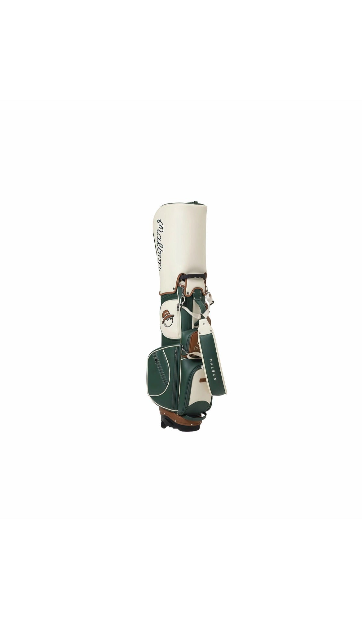 Side perspective of the green and white Malbon golf stand bag, featuring its waterproof construction, generous storage compartments, and the iconic cartoon golf ball mascot, designed for both functionality and fashion on the course.